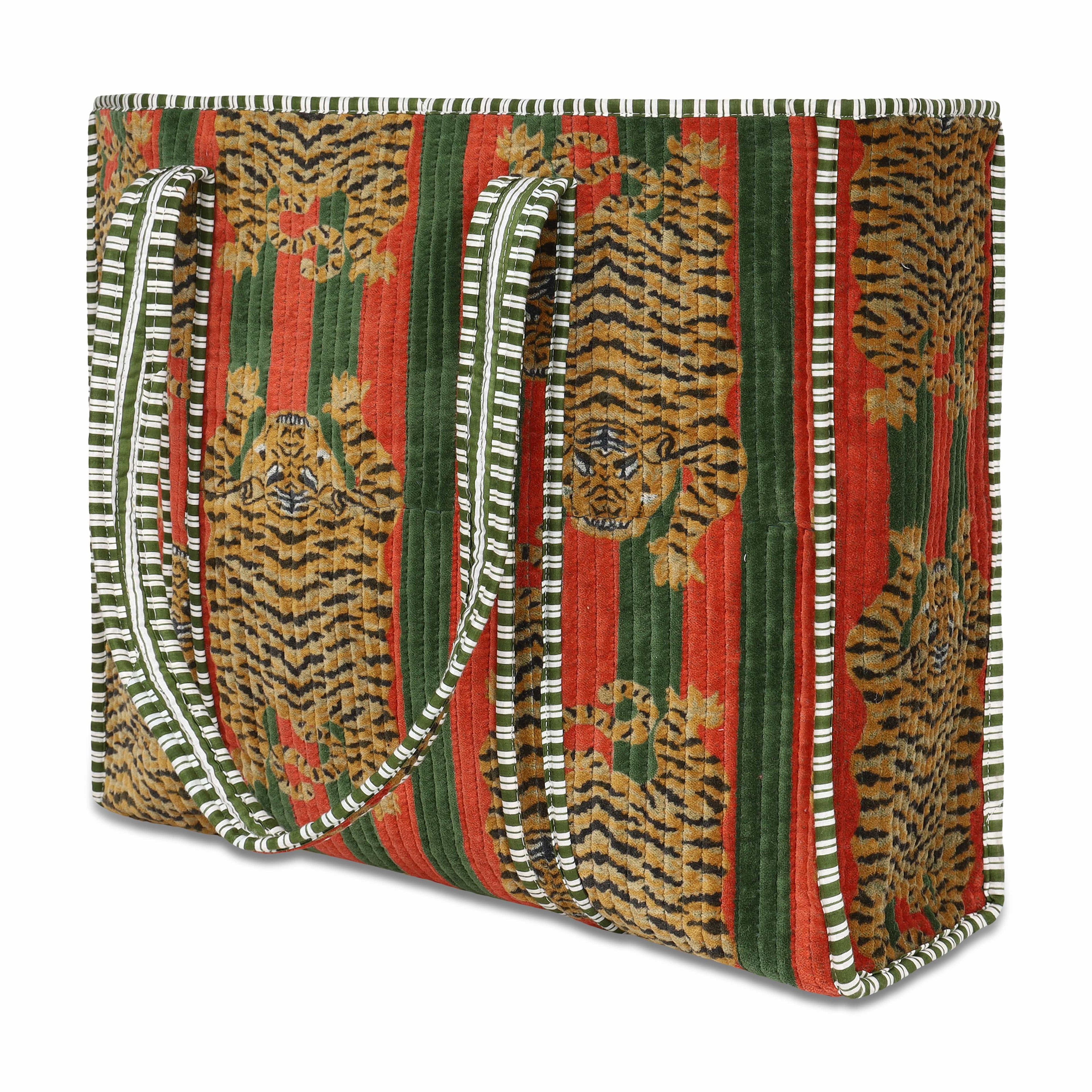 The Tibetan Tiger Tote in Velvet — handmade quilted velvet tote bag, ethically made in Rajasthan, India