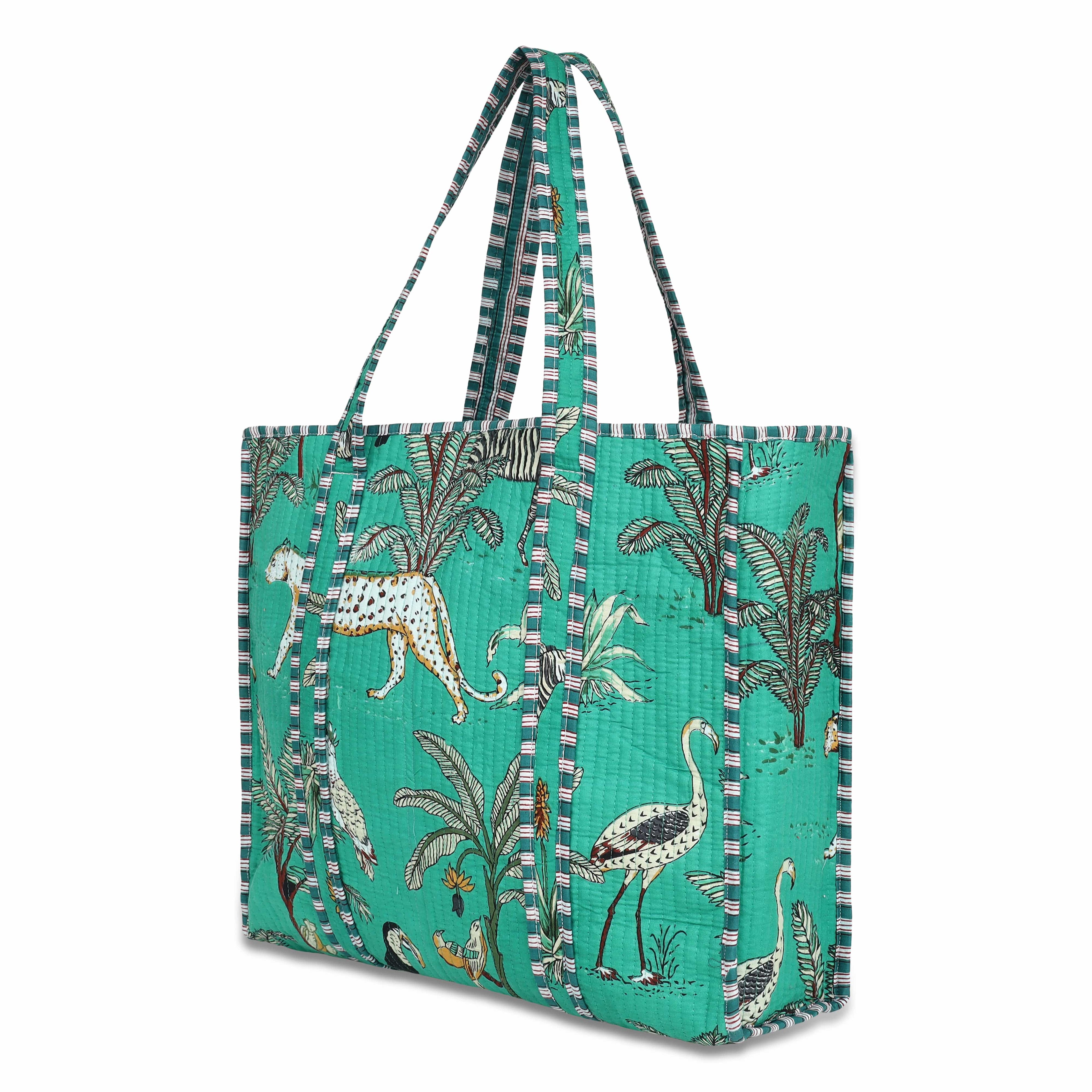 The Jungle Tote — handmade quilted cotton tote bag with bold Indian jungle print, ethically crafted in Rajasthan