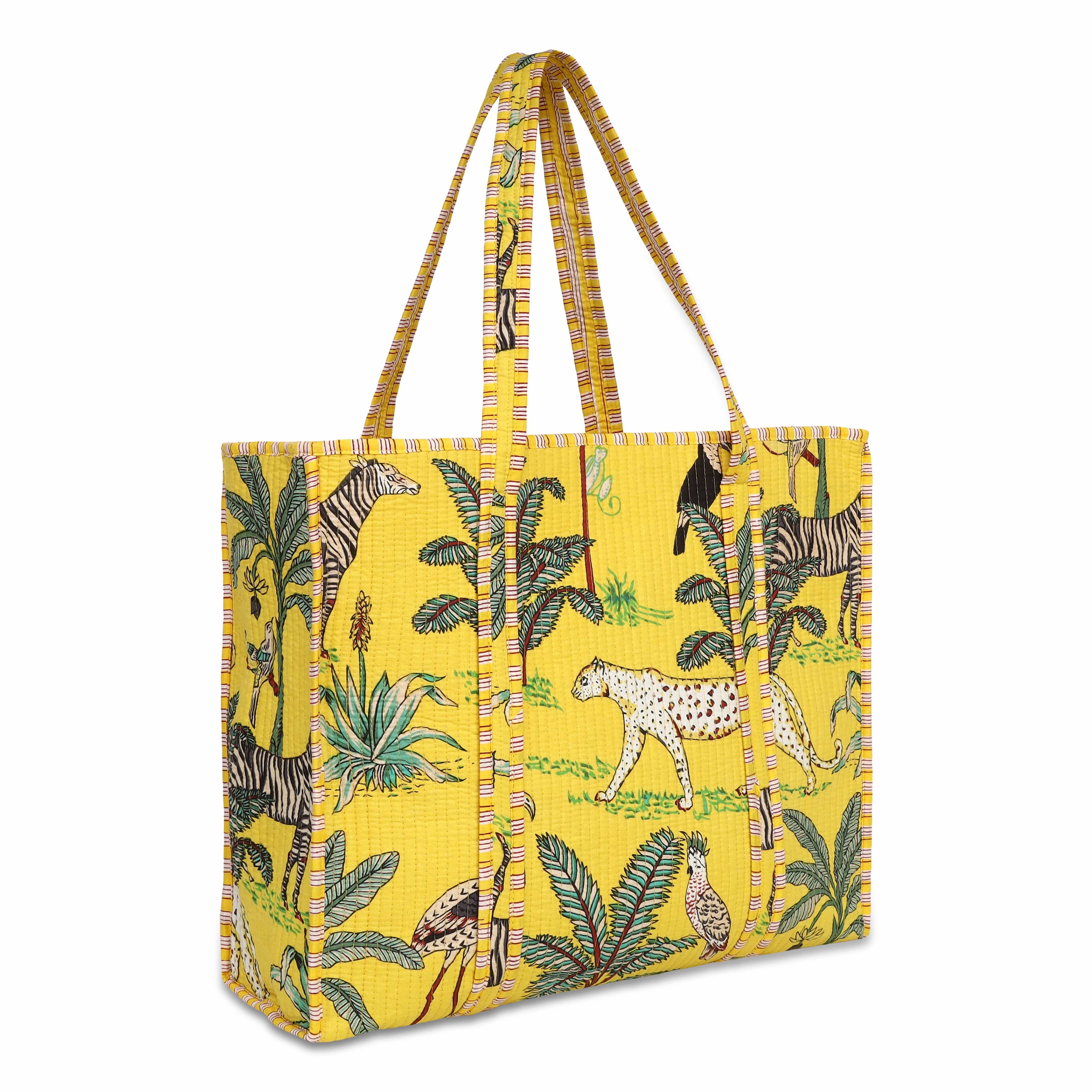 The Jungle Tote — handmade quilted cotton tote bag with bold Indian jungle print, ethically crafted in Rajasthan