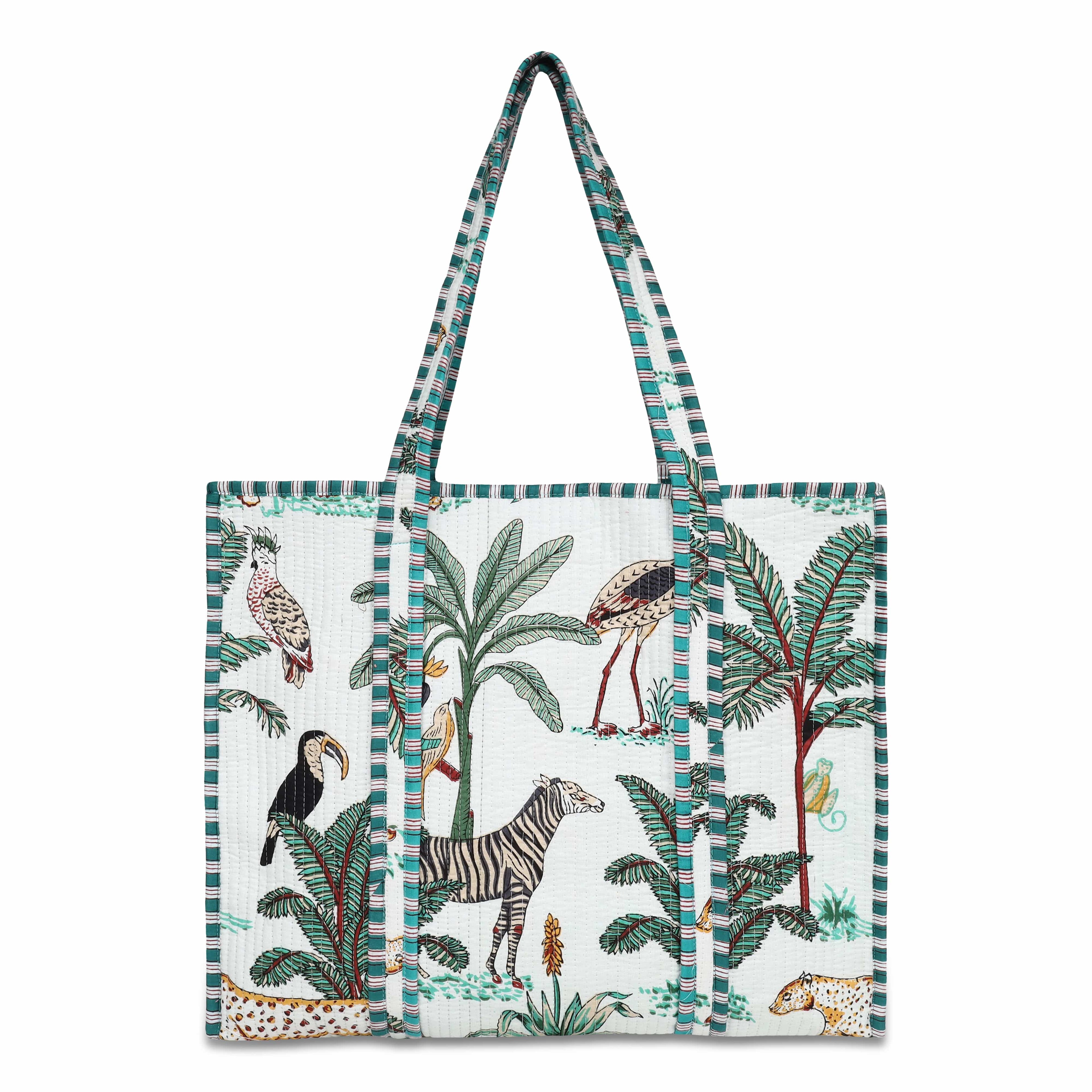 The Jungle Tote — handmade quilted cotton tote bag with bold Indian jungle print, ethically crafted in Rajasthan