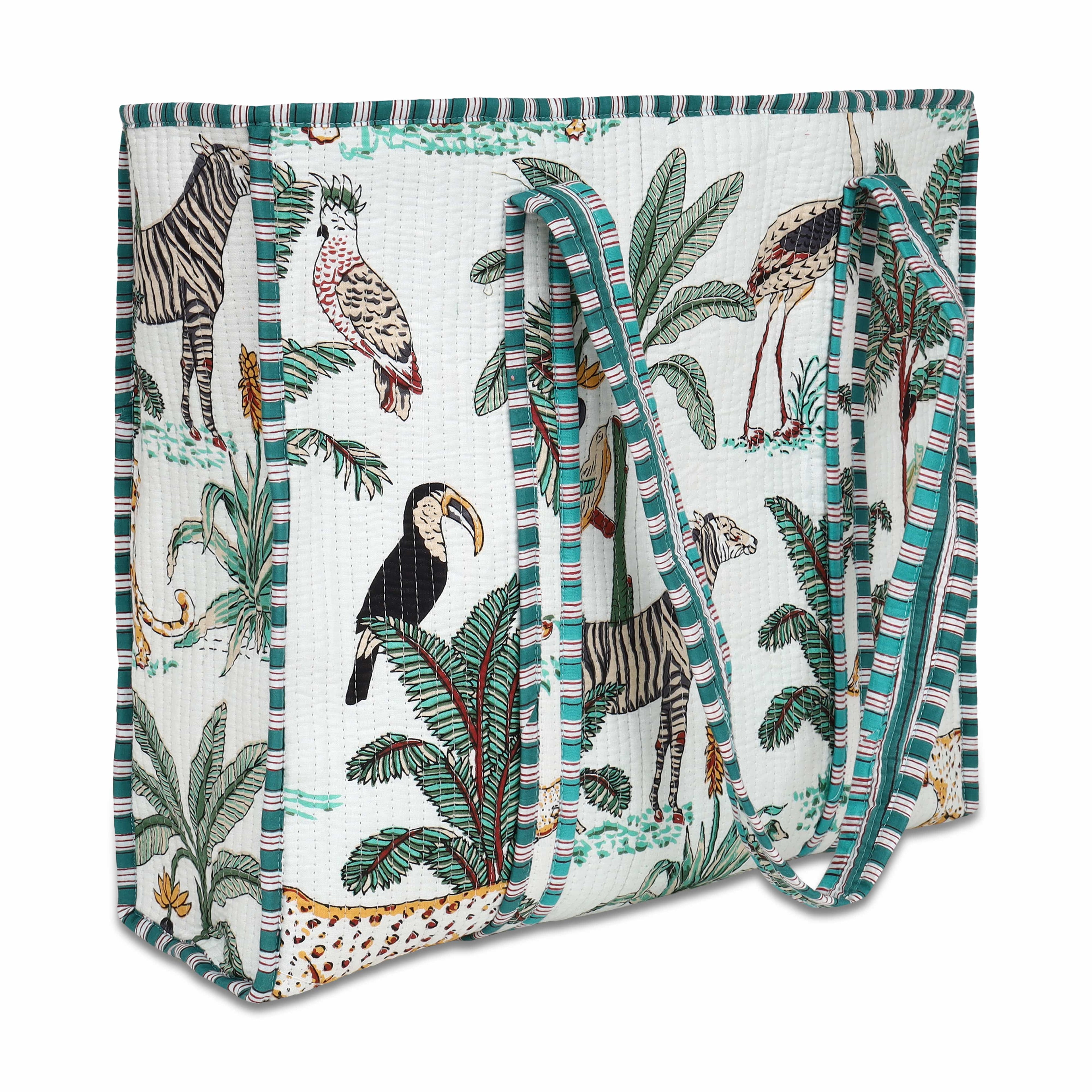 Inside of The Jungle Tote showing the lined cotton interior, deep enough for a laptop and weekly essentials