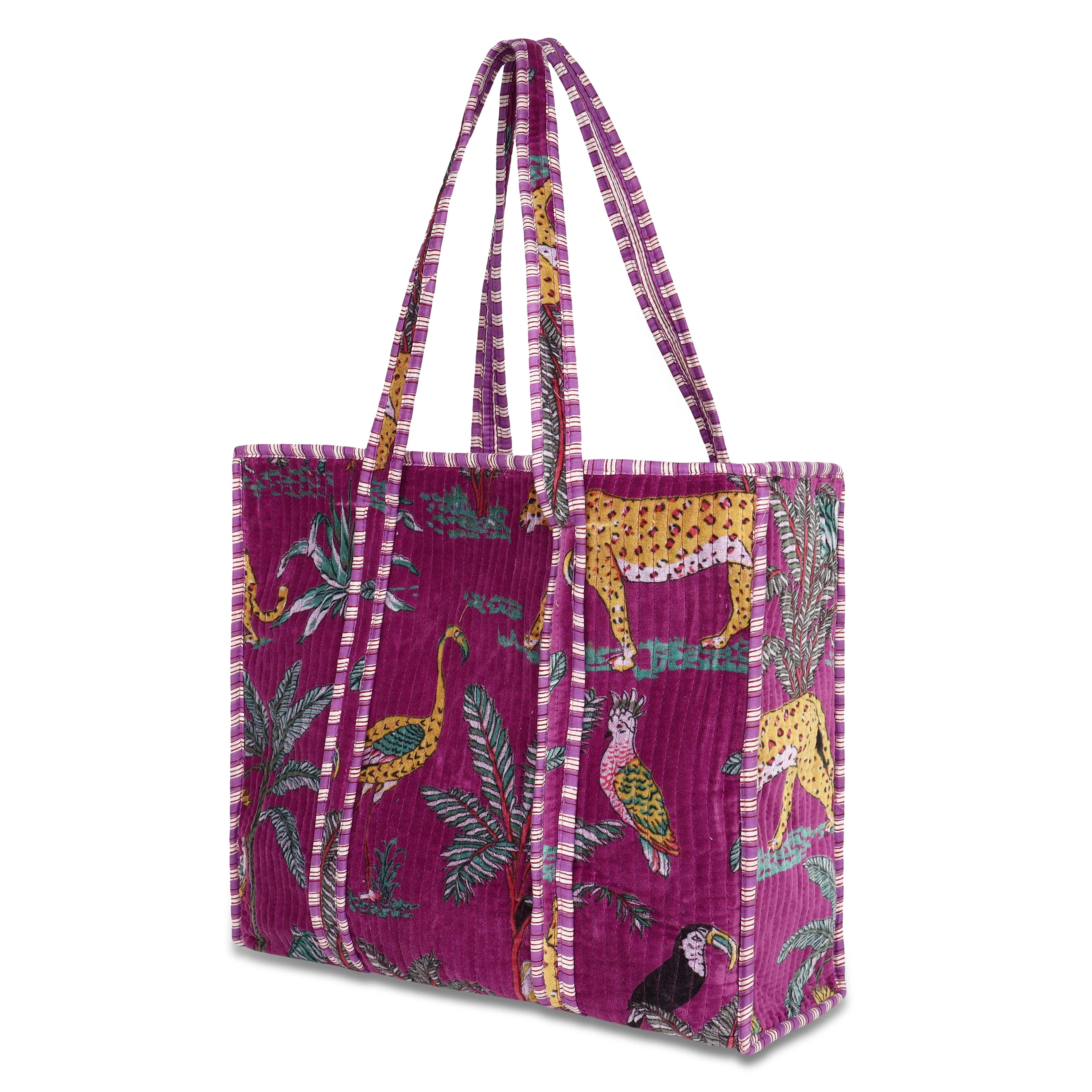 The Jungle Tote in Velvet — handmade quilted velvet tote with bold Indian jungle print, ethically made in India