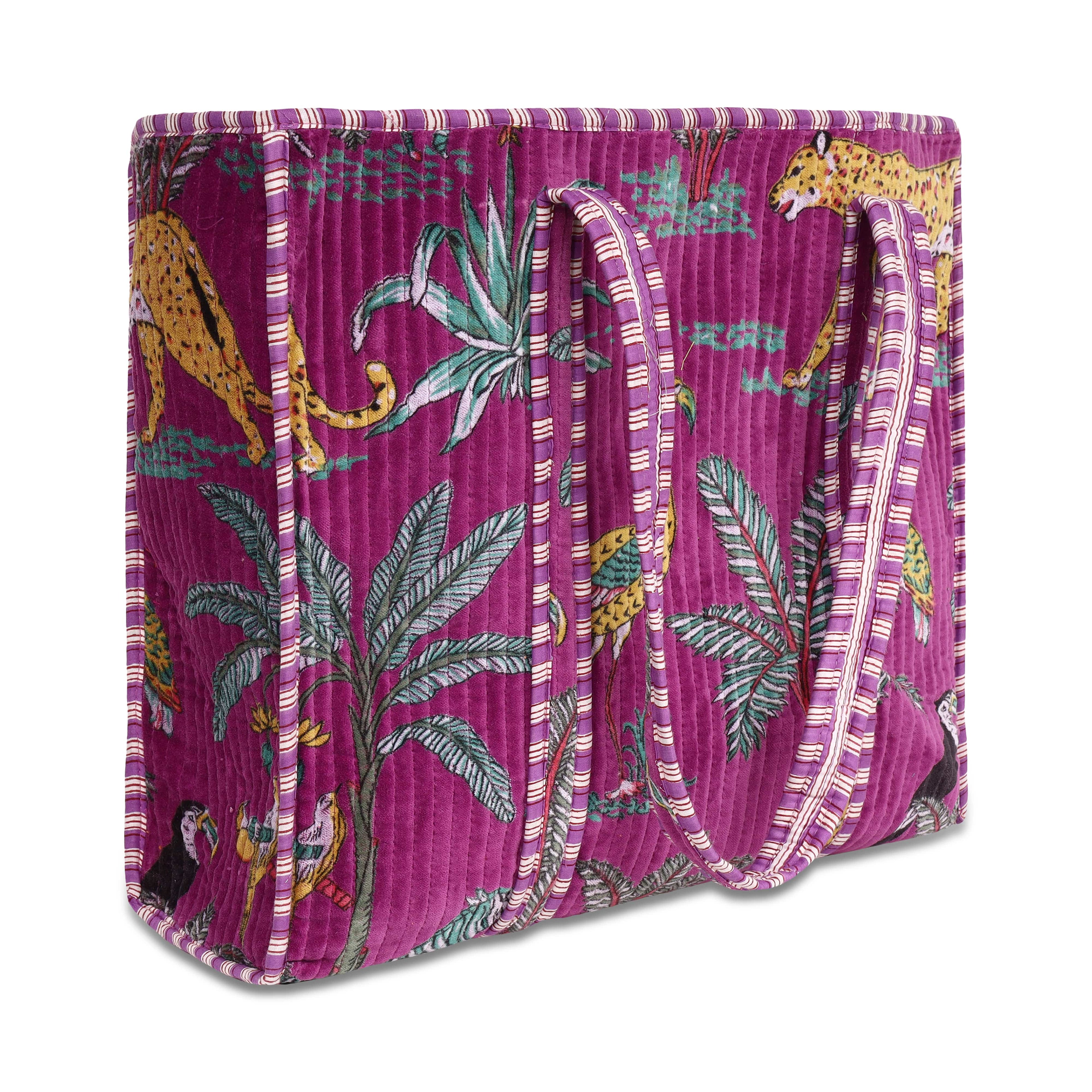The Jungle Tote in Velvet — handmade quilted velvet tote with bold Indian jungle print, ethically made in India