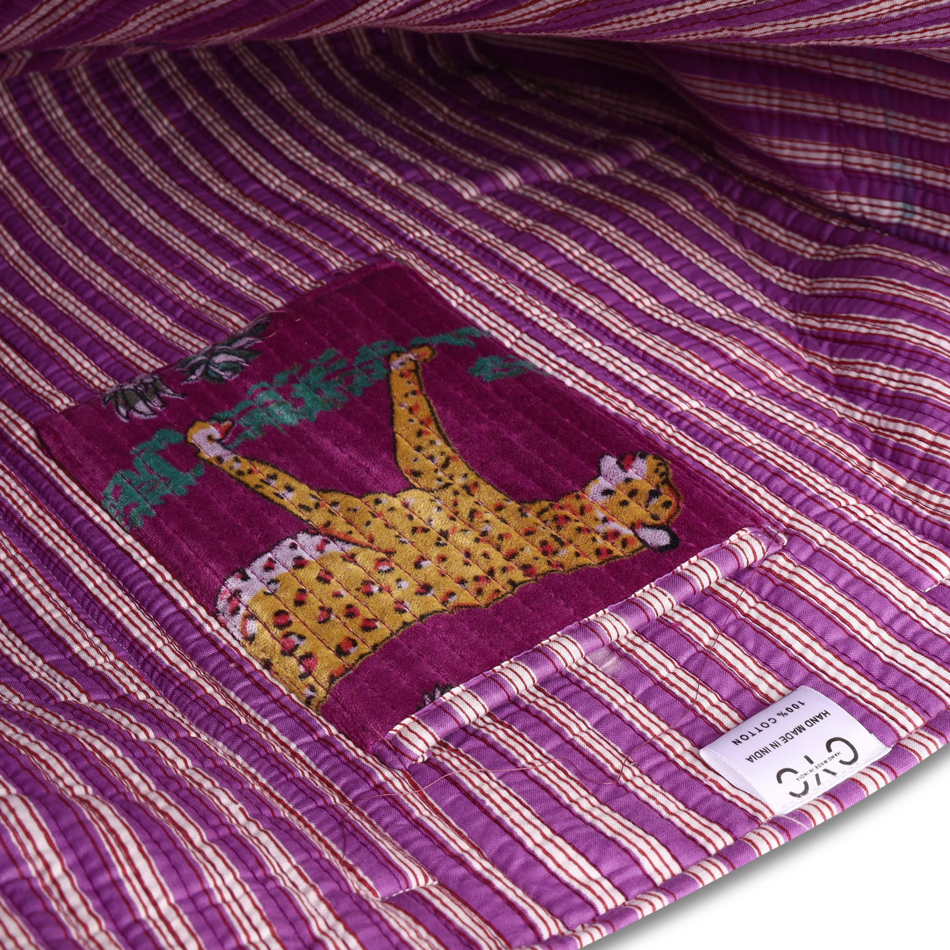 The Jungle Tote in Velvet — handmade quilted velvet tote with bold Indian jungle print, ethically made in India