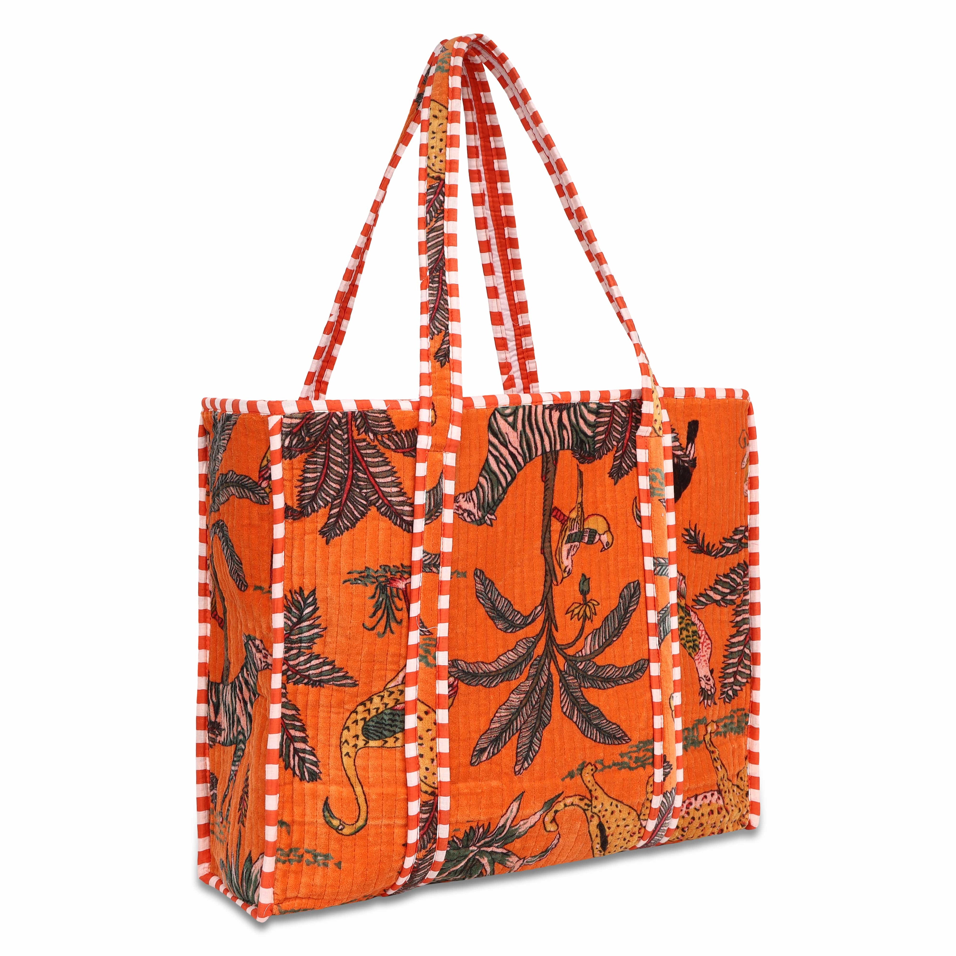 The Jungle Tote in Velvet — handmade quilted velvet tote with bold Indian jungle print, ethically made in India