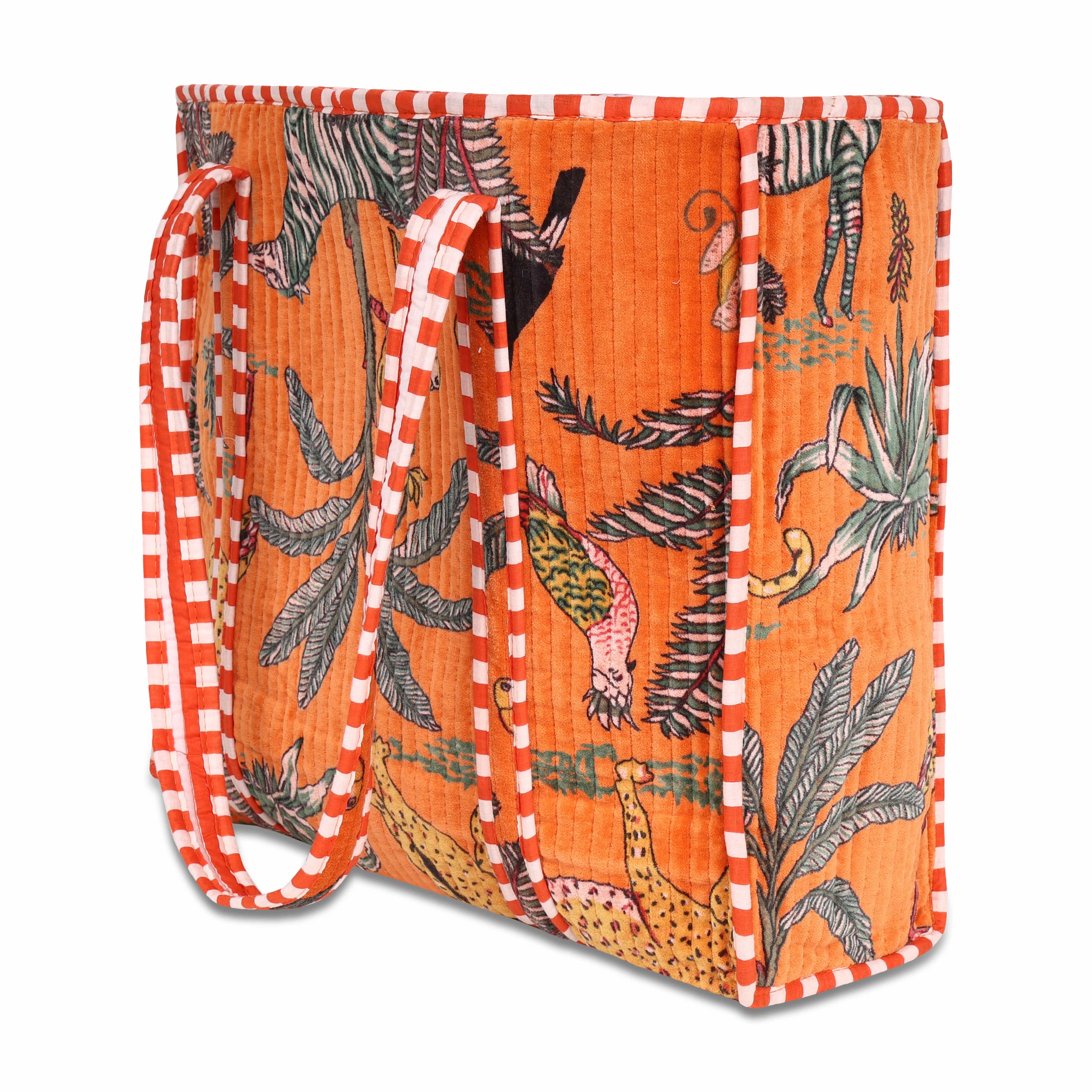 The Jungle Tote in Velvet — handmade quilted velvet tote with bold Indian jungle print, ethically made in India