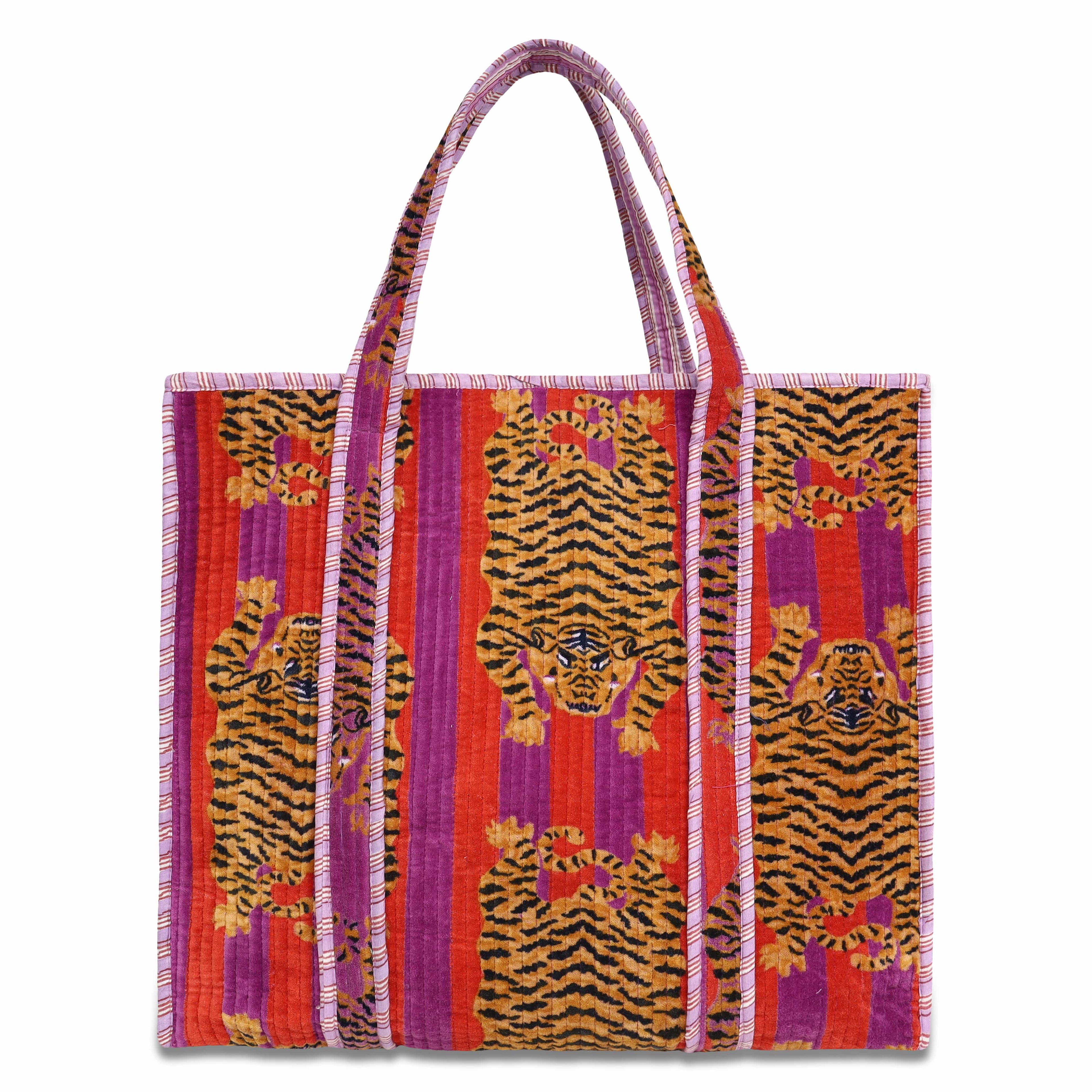 The Tibetan Tiger Tote in Velvet — handmade quilted velvet tote bag, ethically made in Rajasthan, India