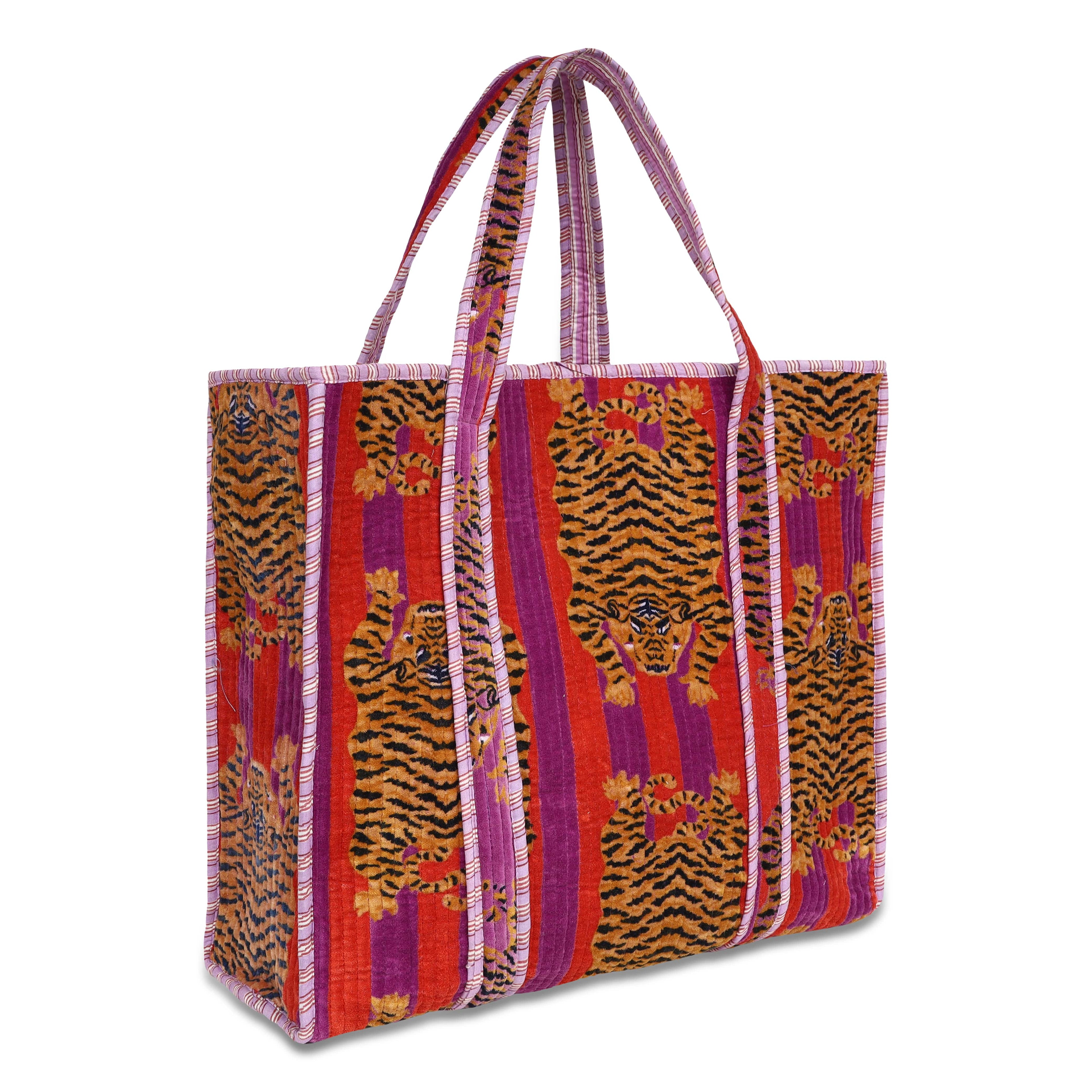 The Tibetan Tiger Tote in Velvet — handmade quilted velvet tote bag, ethically made in Rajasthan, India
