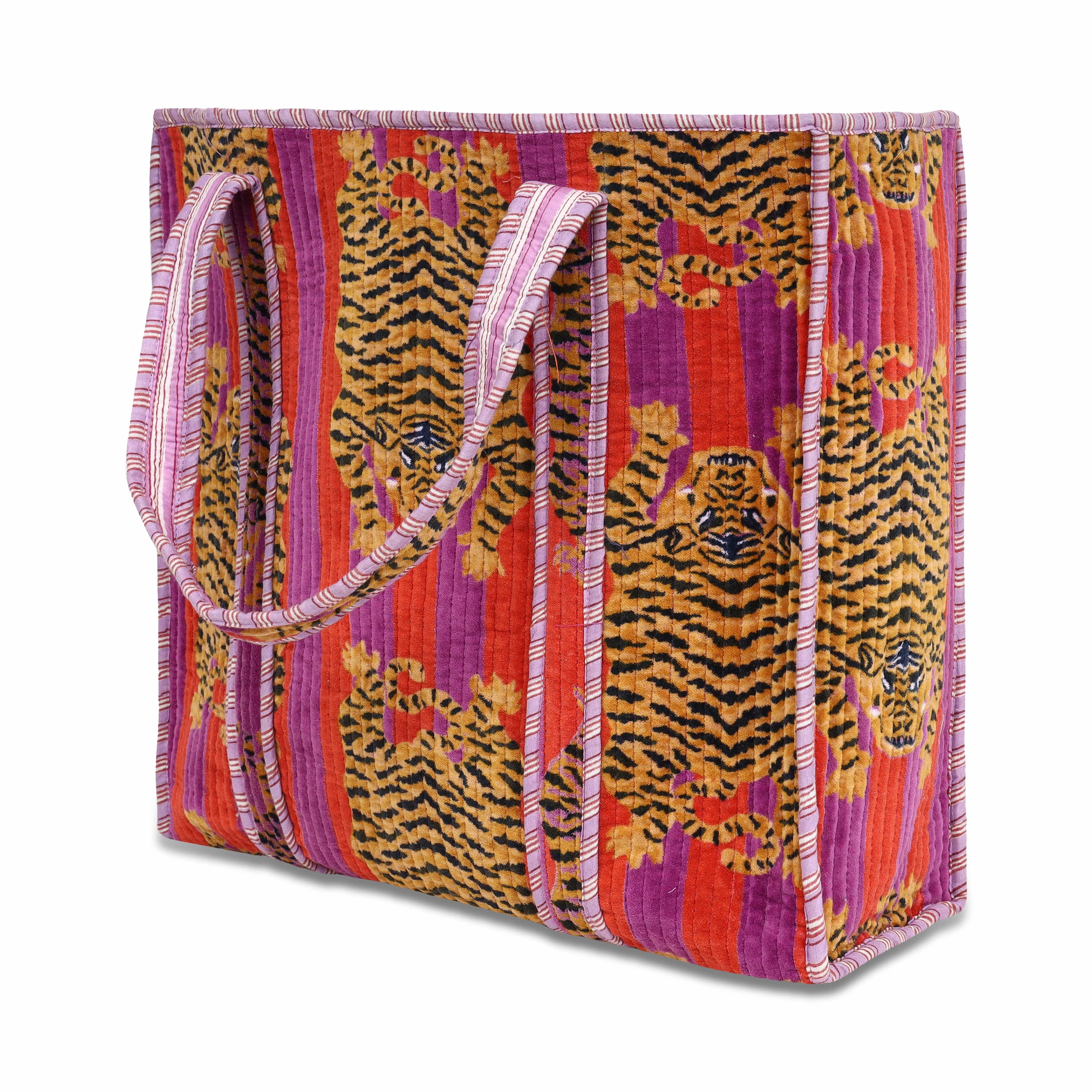 The Tibetan Tiger Tote in Velvet — handmade quilted velvet tote bag, ethically made in Rajasthan, India