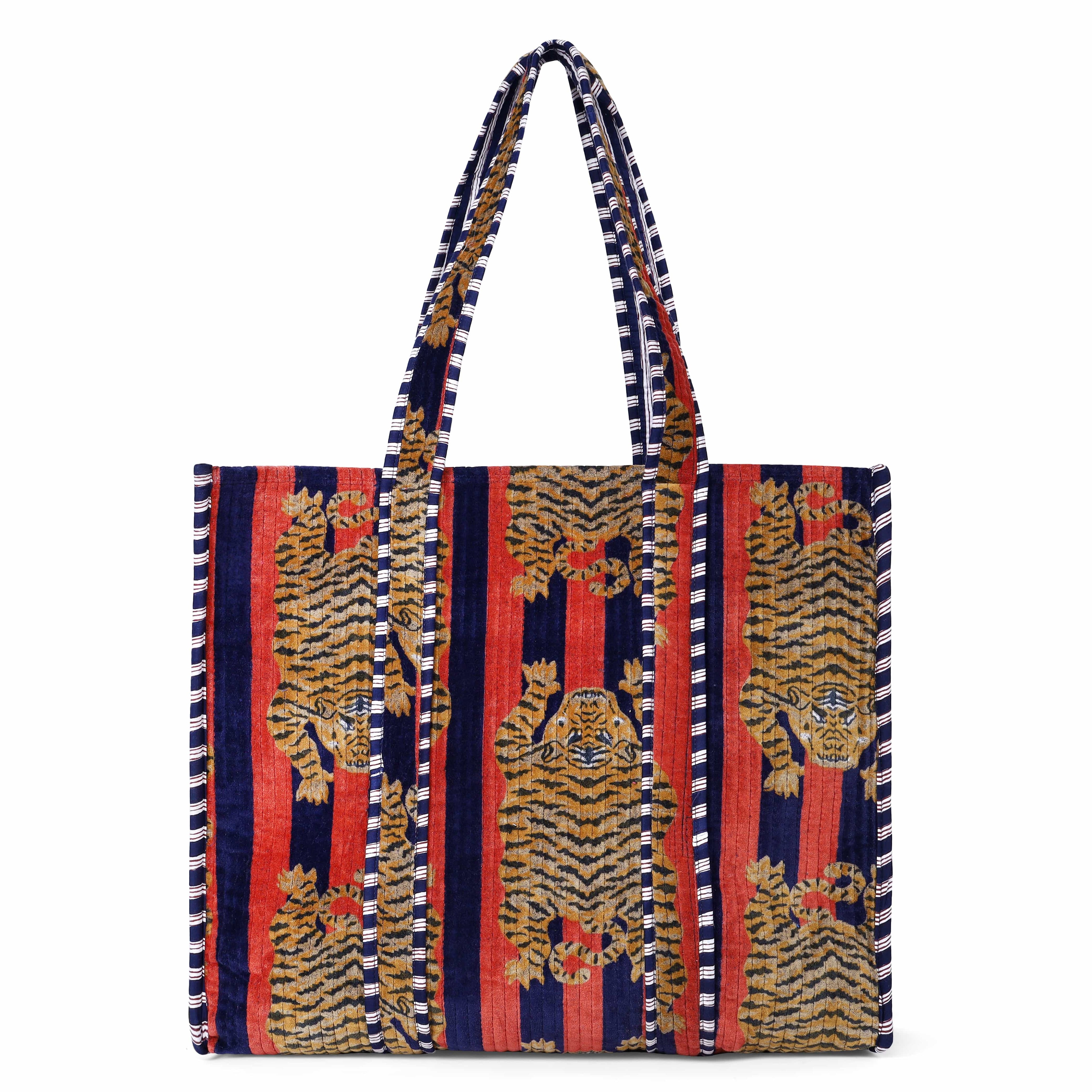 The Tibetan Tiger Tote in Velvet — handmade quilted velvet tote bag, ethically made in Rajasthan, India