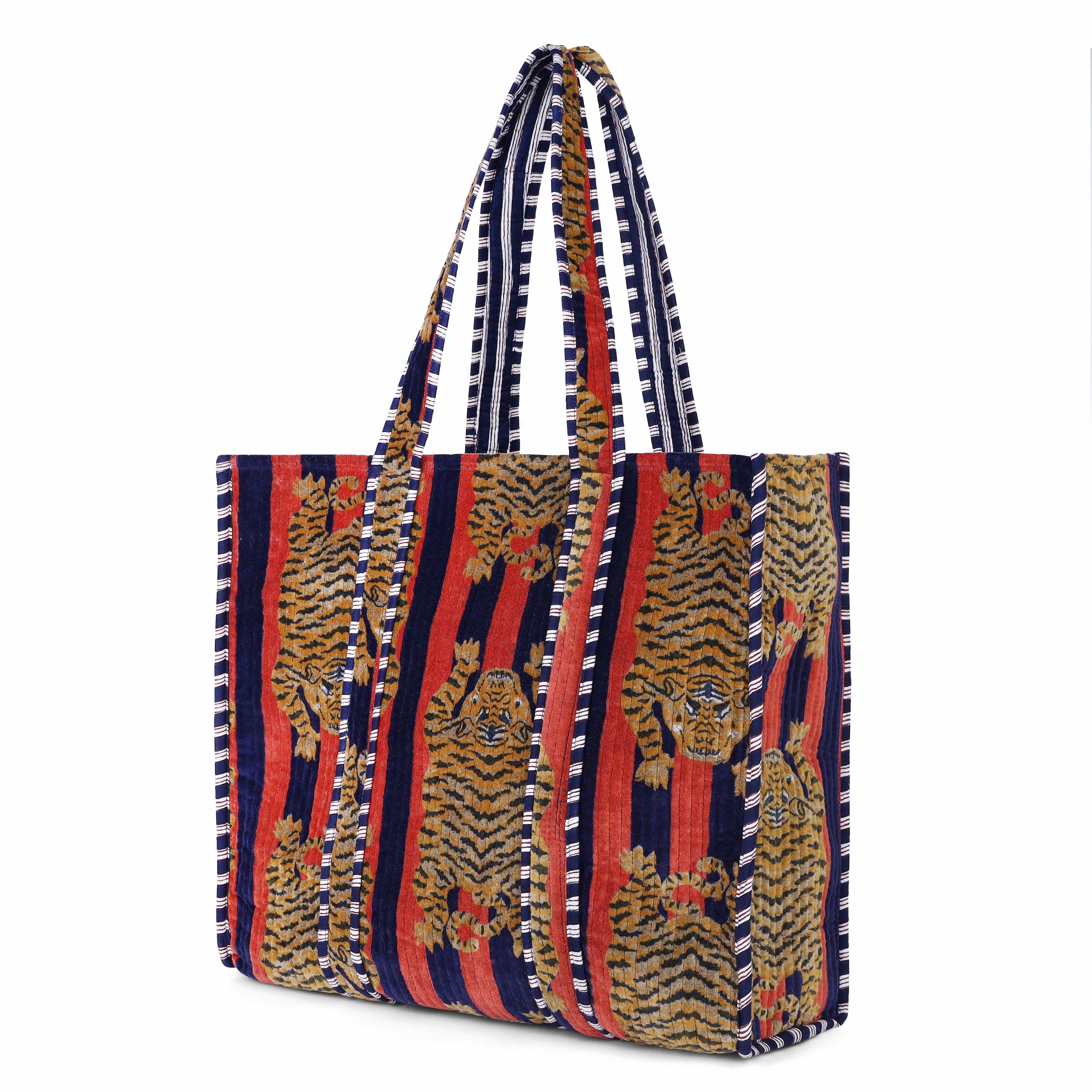 The Tibetan Tiger Tote in Velvet — handmade quilted velvet tote bag, ethically made in Rajasthan, India