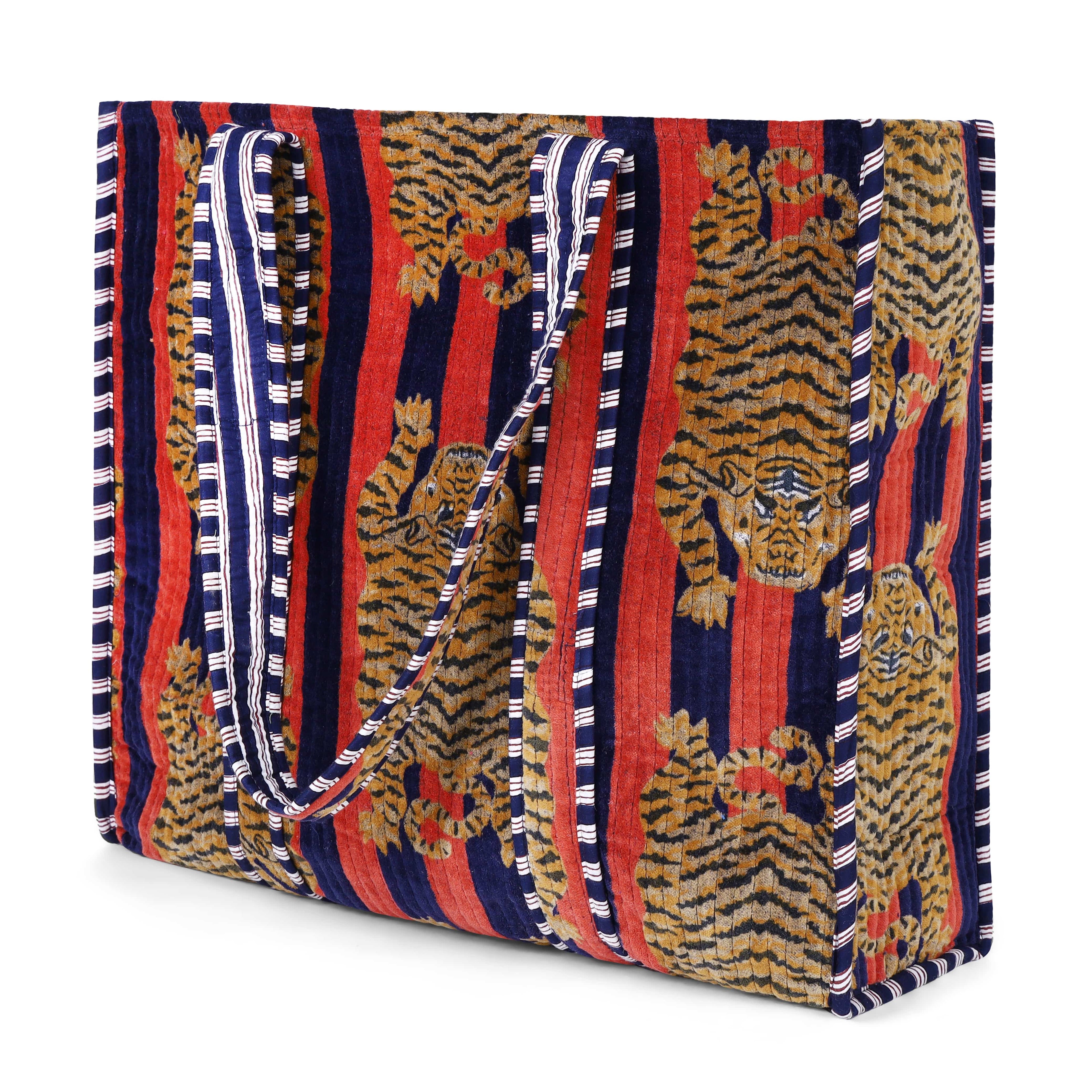 The Tibetan Tiger Tote in Velvet — handmade quilted velvet tote bag, ethically made in Rajasthan, India