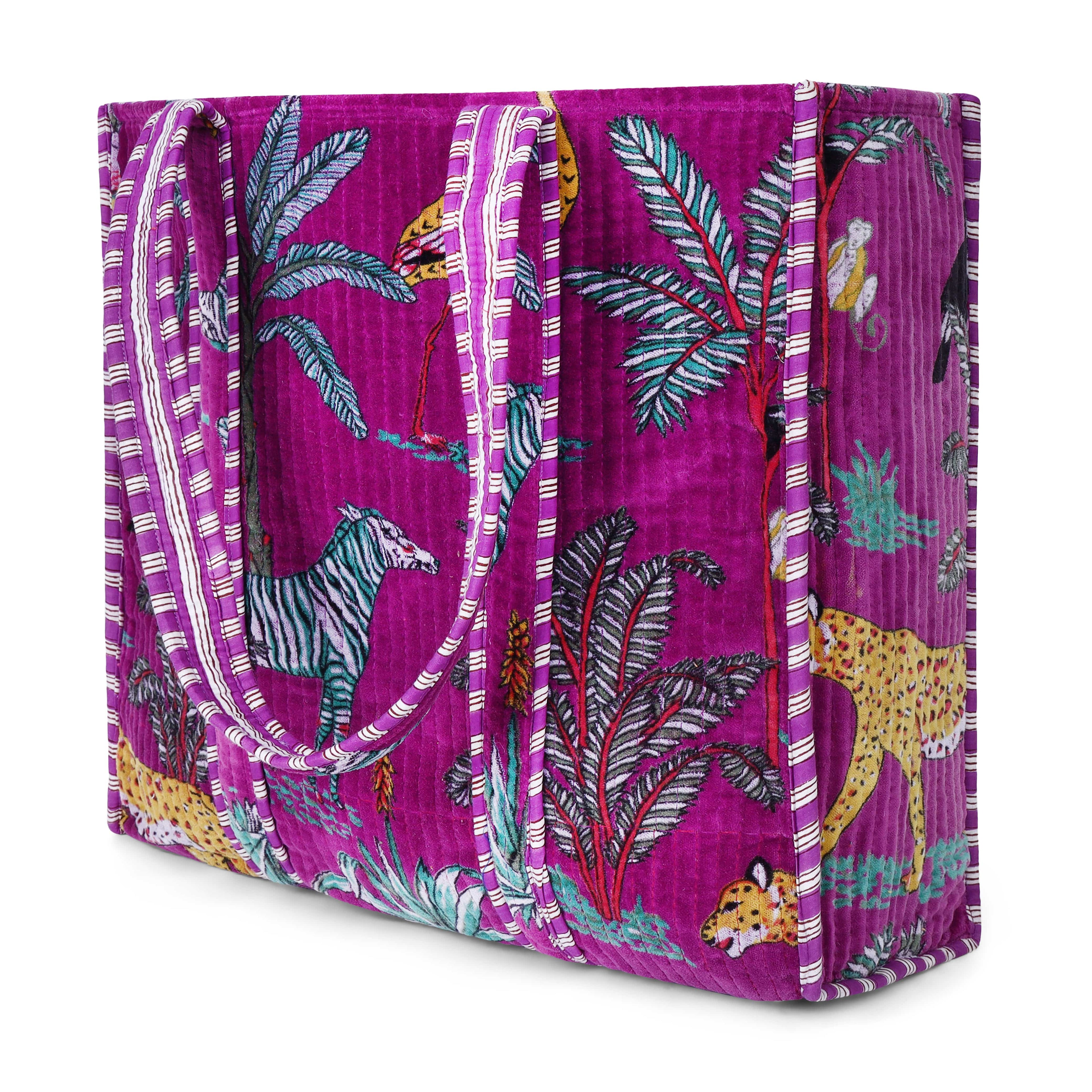 The Jungle Tote in Velvet — handmade quilted velvet tote with bold Indian jungle print, ethically made in India