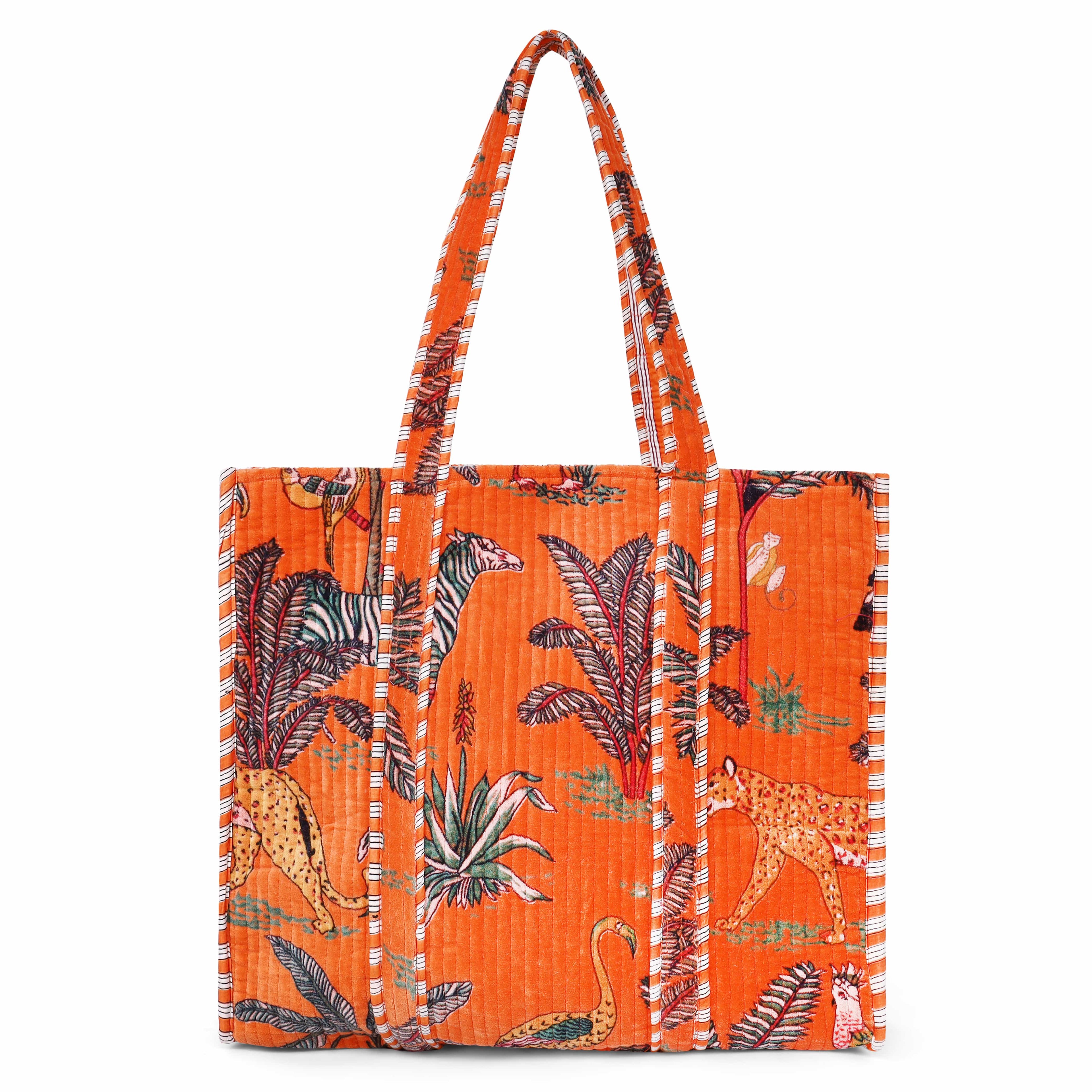 The Jungle Tote in Velvet — handmade quilted velvet tote with bold Indian jungle print, ethically made in India