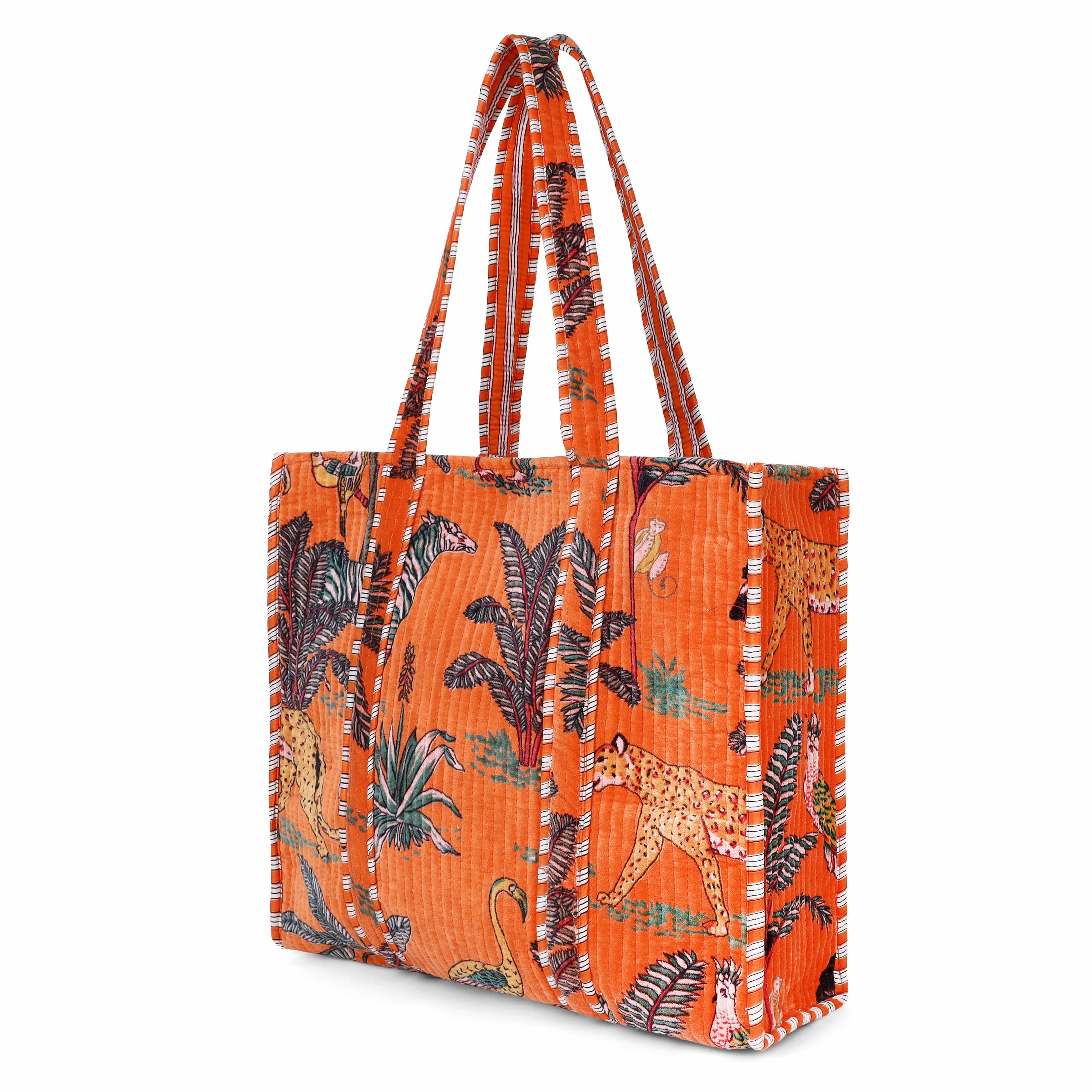 The Jungle Tote in Velvet — handmade quilted velvet tote with bold Indian jungle print, ethically made in India