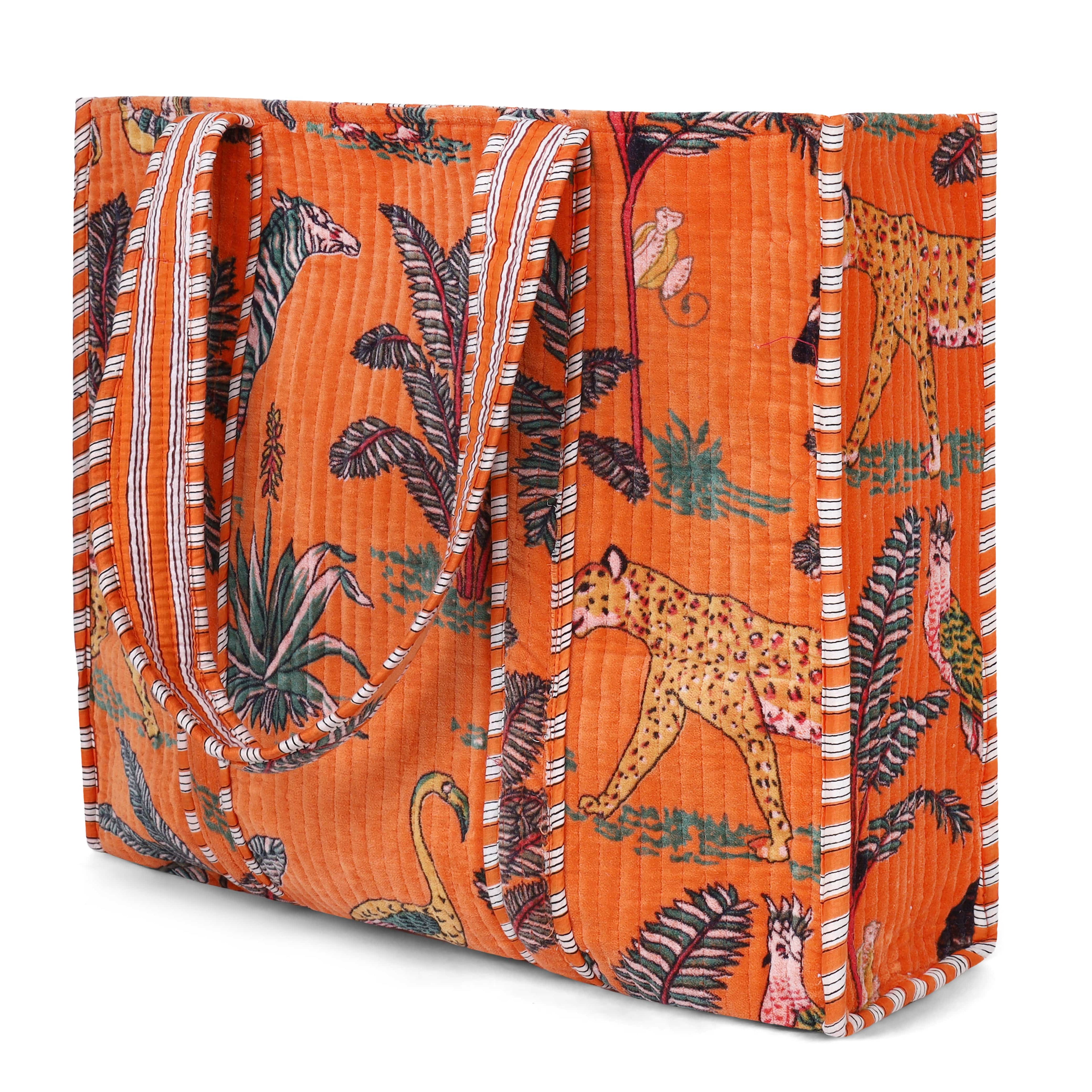 The Jungle Tote in Velvet — handmade quilted velvet tote with bold Indian jungle print, ethically made in India