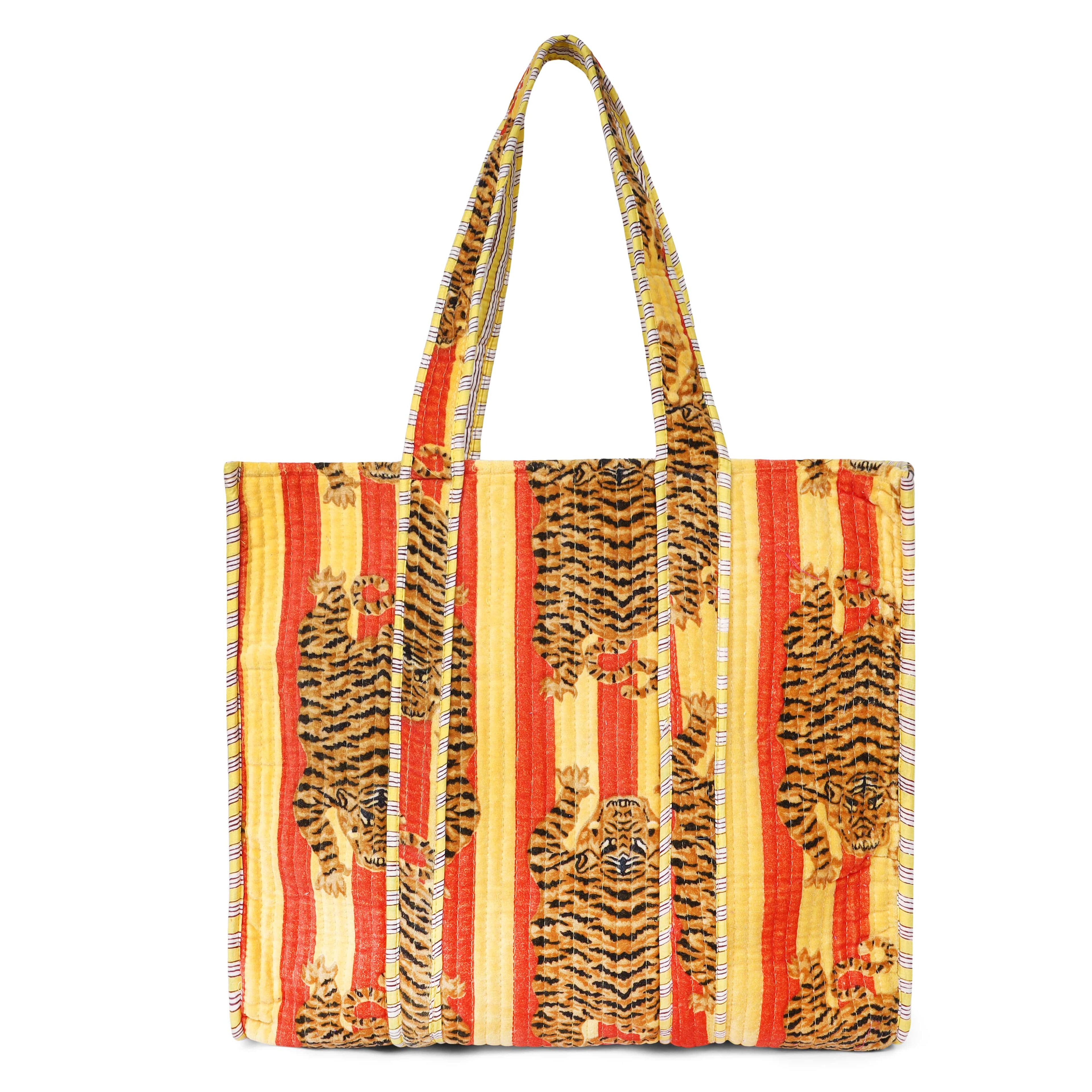 The Tibetan Tiger Tote in Velvet — handmade quilted velvet tote bag, ethically made in Rajasthan, India