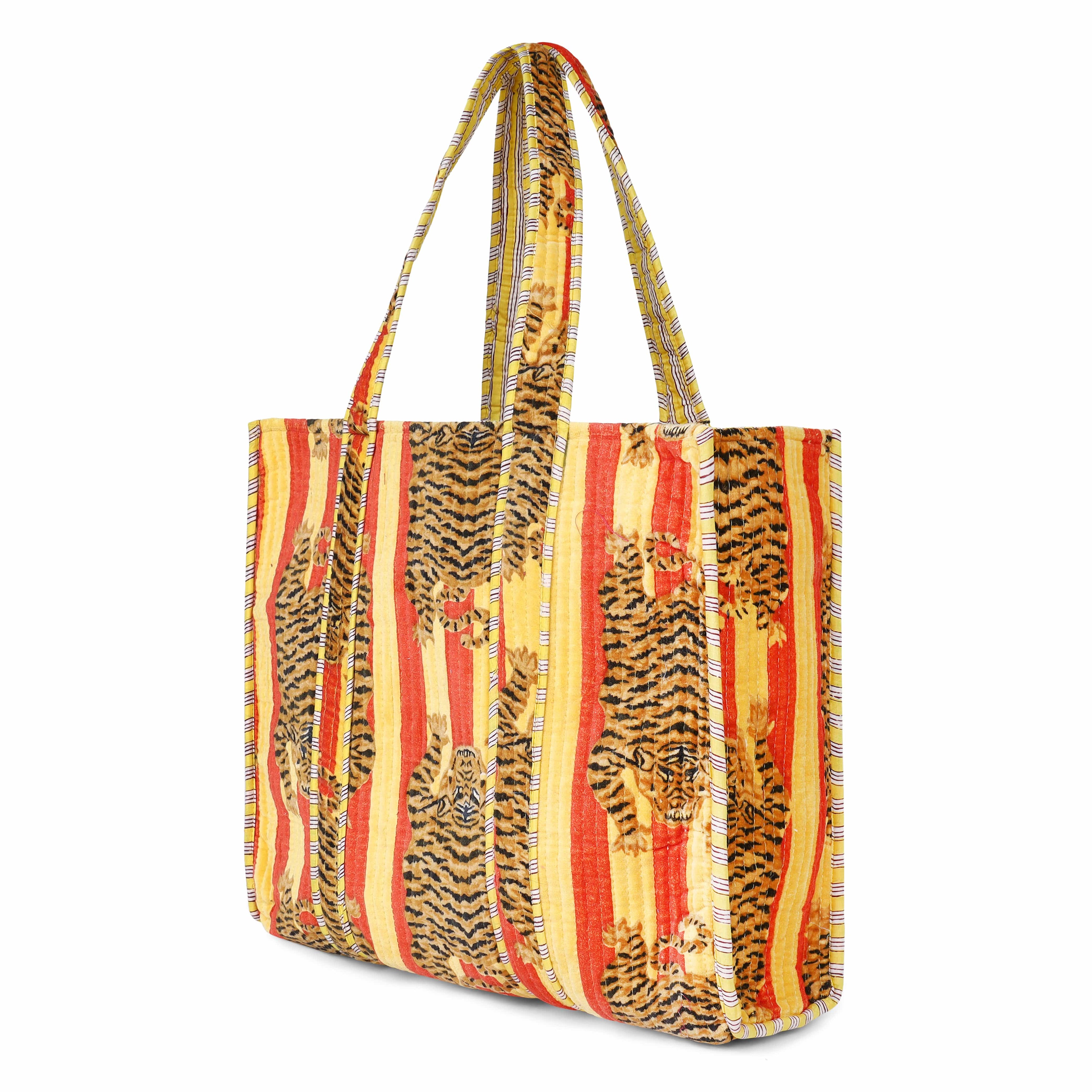 The Tibetan Tiger Tote in Velvet — handmade quilted velvet tote bag, ethically made in Rajasthan, India