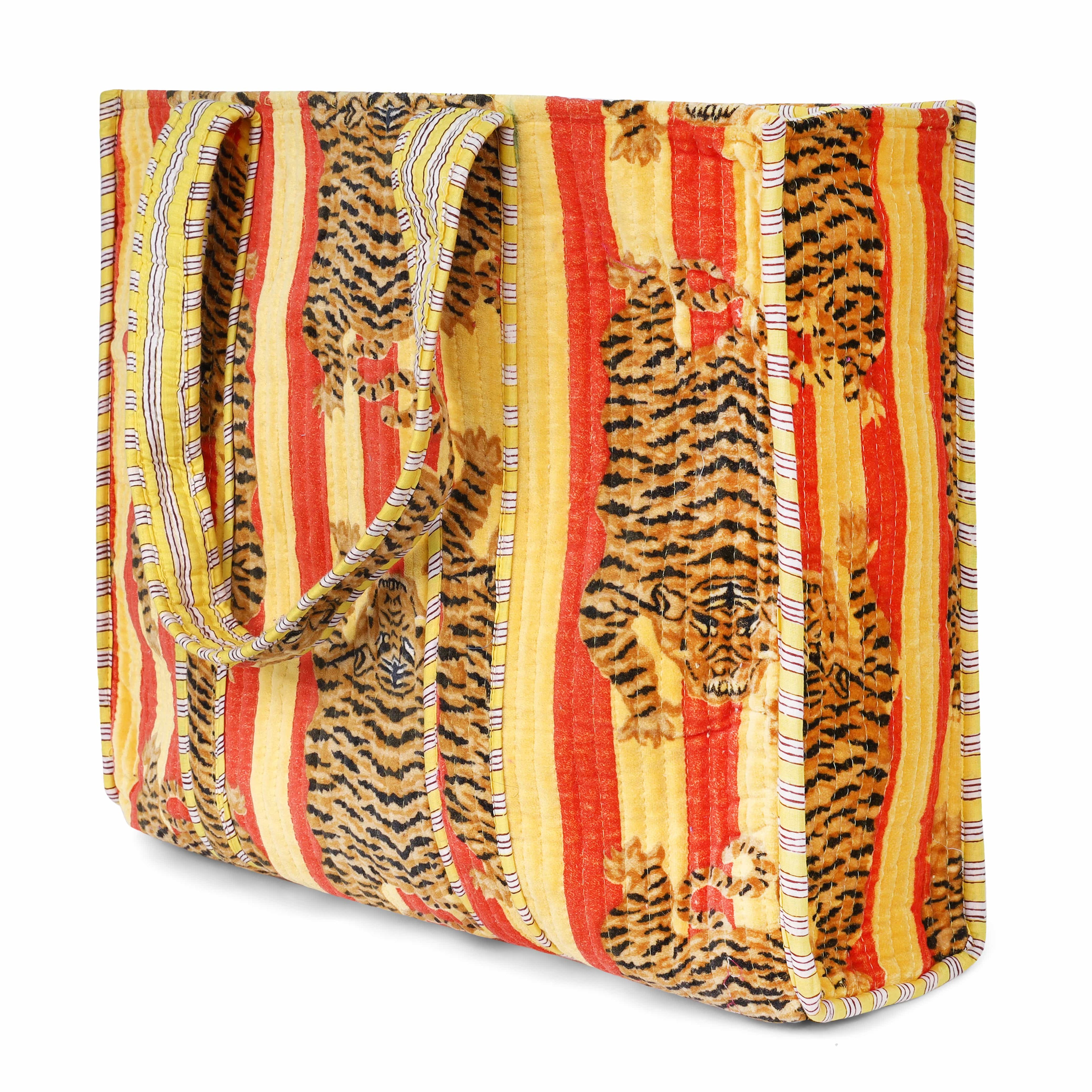 The Tibetan Tiger Tote in Velvet — handmade quilted velvet tote bag, ethically made in Rajasthan, India