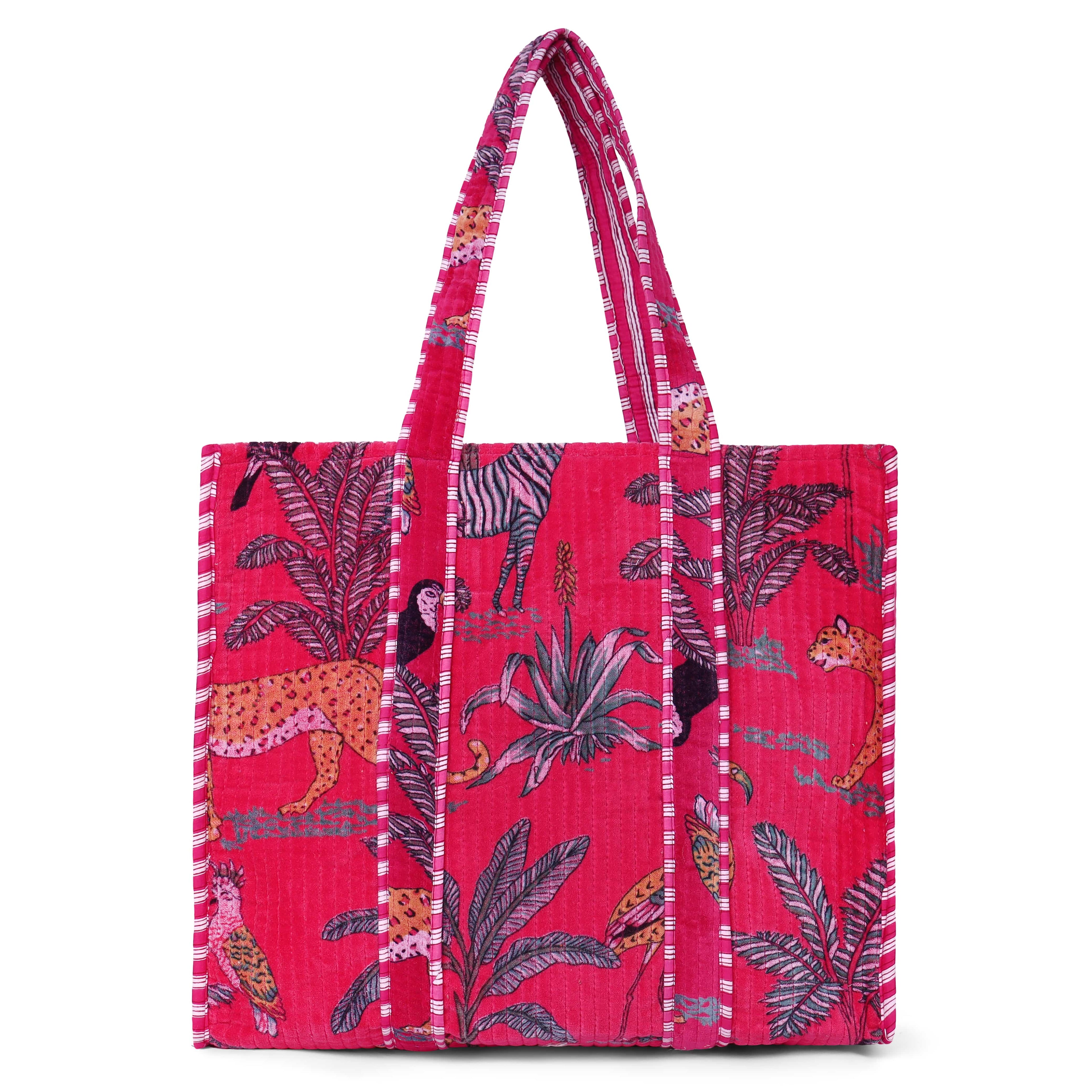 The Jungle Tote in Velvet — handmade quilted velvet tote with bold Indian jungle print, ethically made in India