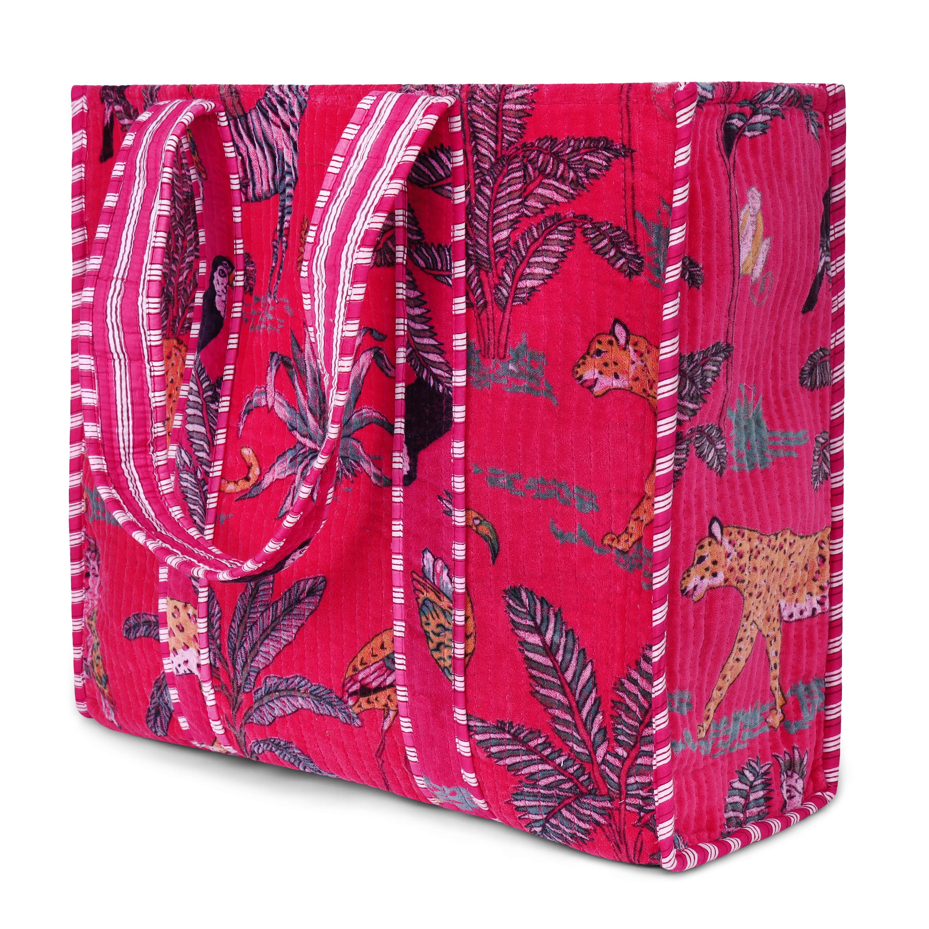 The Jungle Tote in Velvet — handmade quilted velvet tote with bold Indian jungle print, ethically made in India