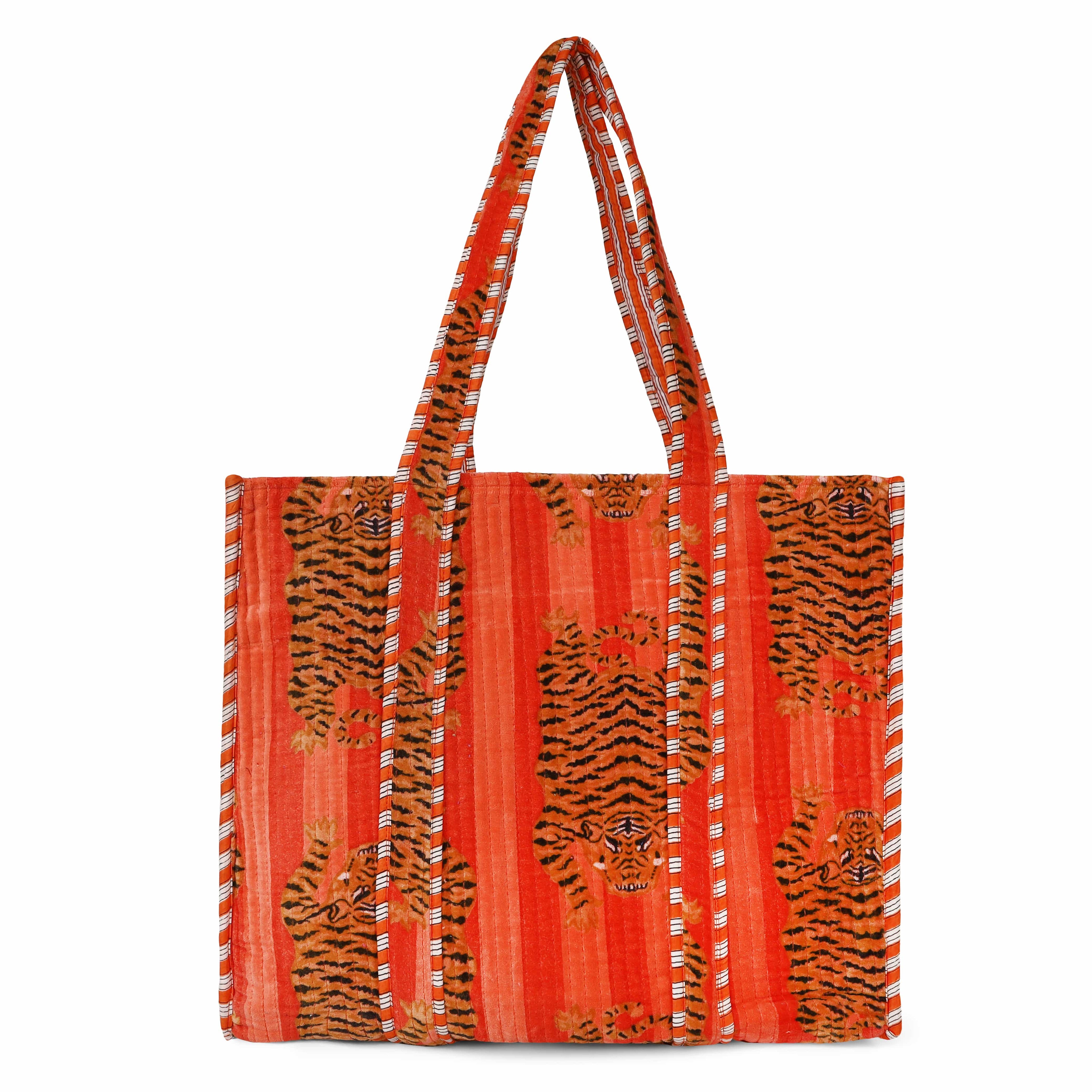 The Tibetan Tiger Tote in Velvet — handmade quilted velvet tote bag, ethically made in Rajasthan, India