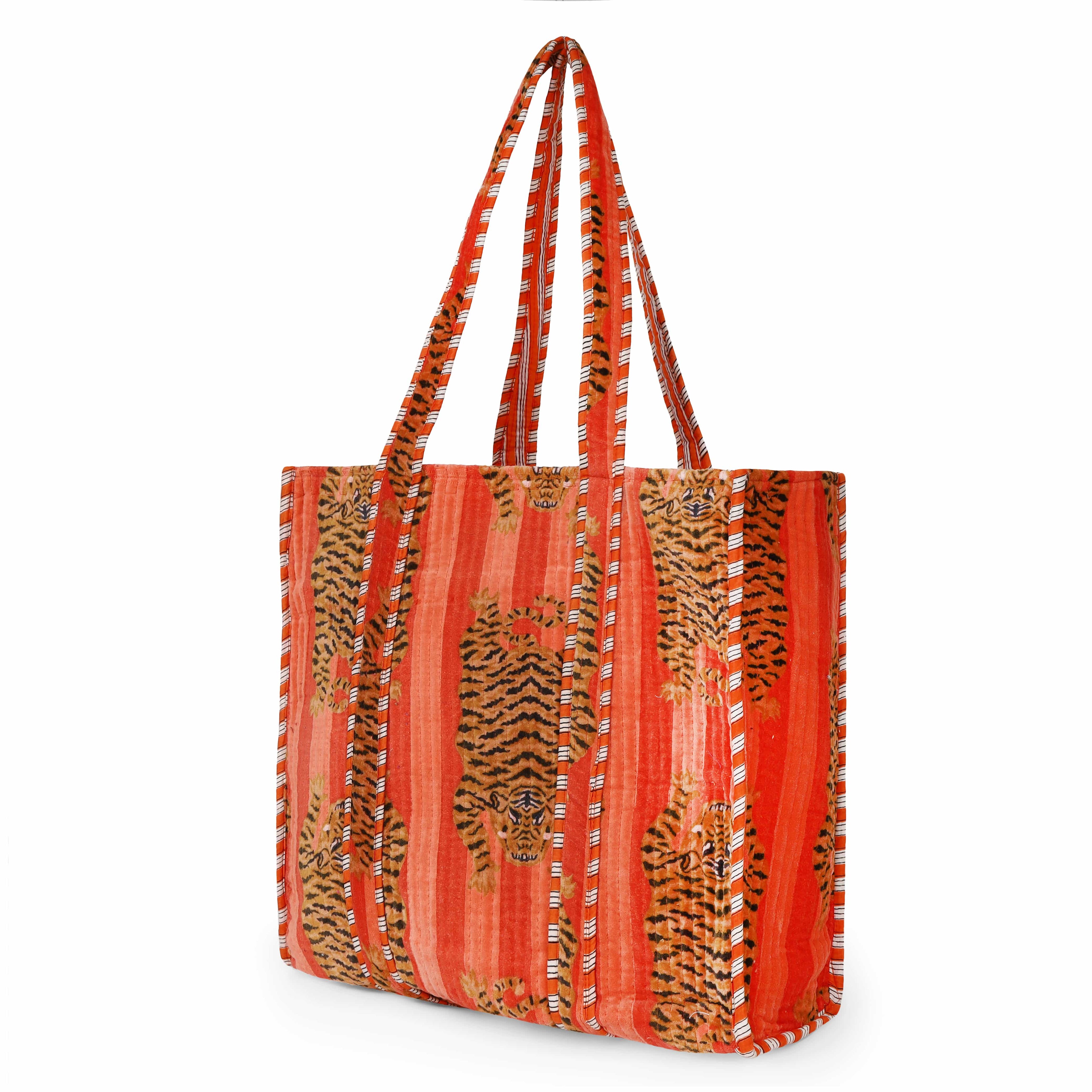 The Tibetan Tiger Tote in Velvet — handmade quilted velvet tote bag, ethically made in Rajasthan, India