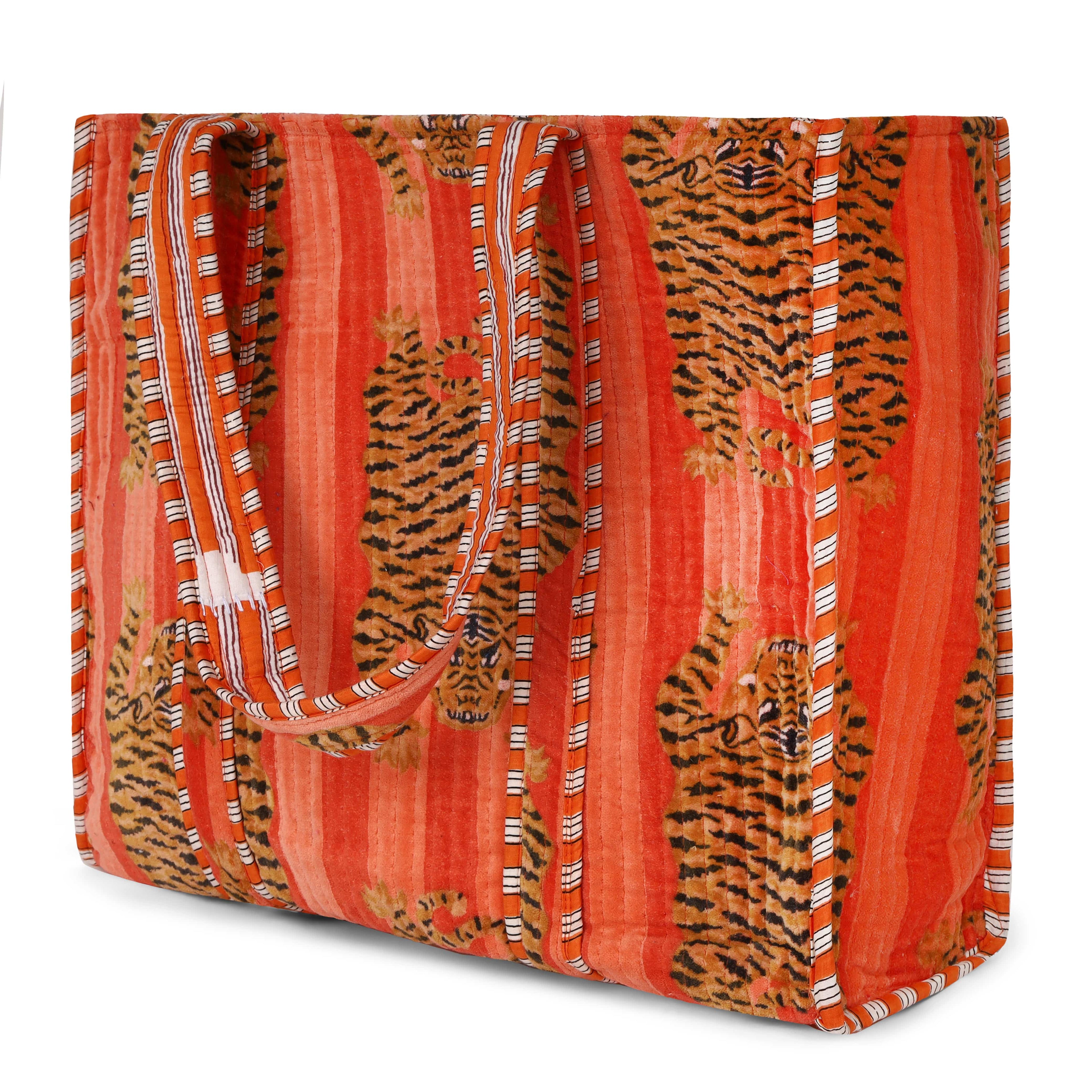 The Tibetan Tiger Tote in Velvet — handmade quilted velvet tote bag, ethically made in Rajasthan, India