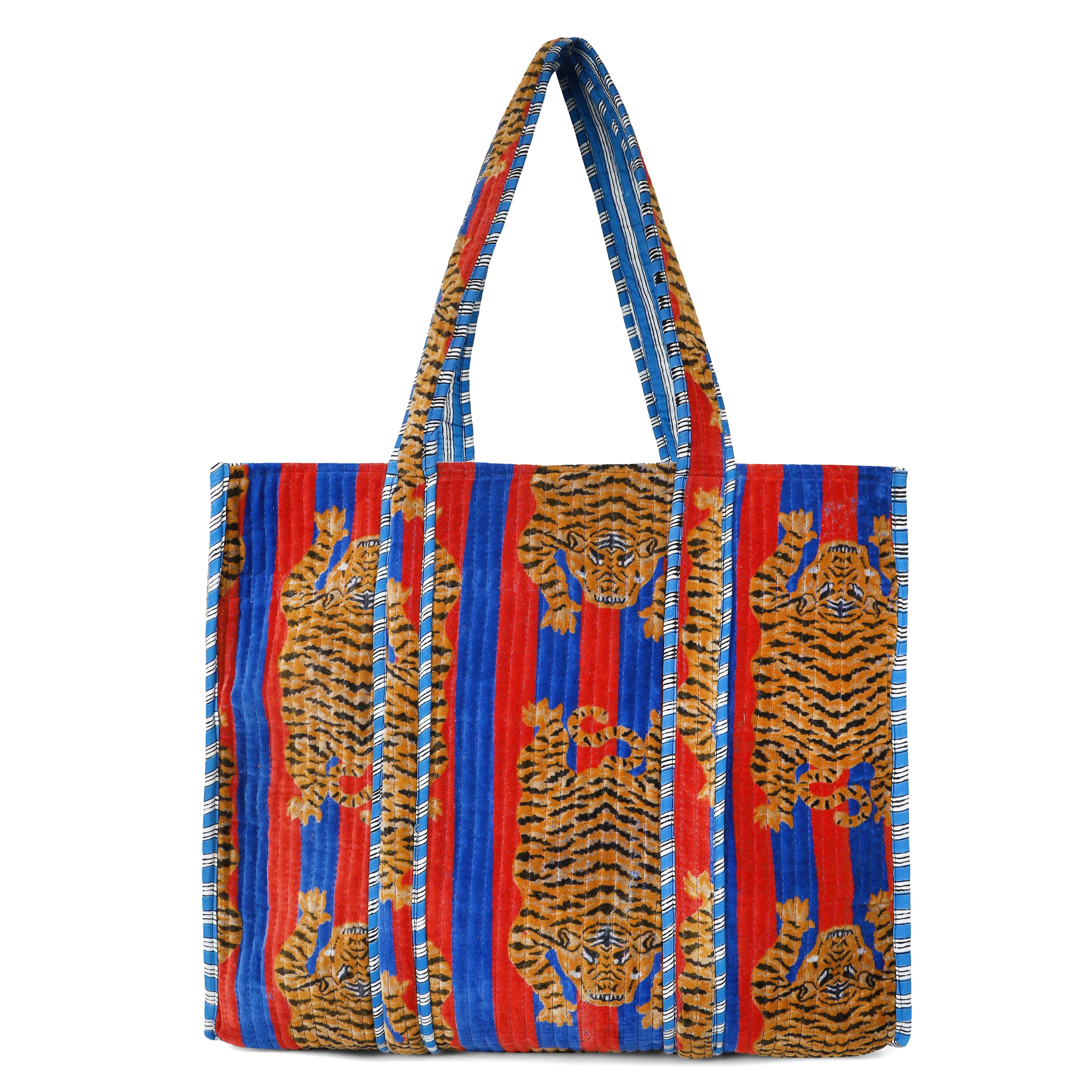 The Tibetan Tiger Tote in Velvet — handmade quilted velvet tote bag, ethically made in Rajasthan, India