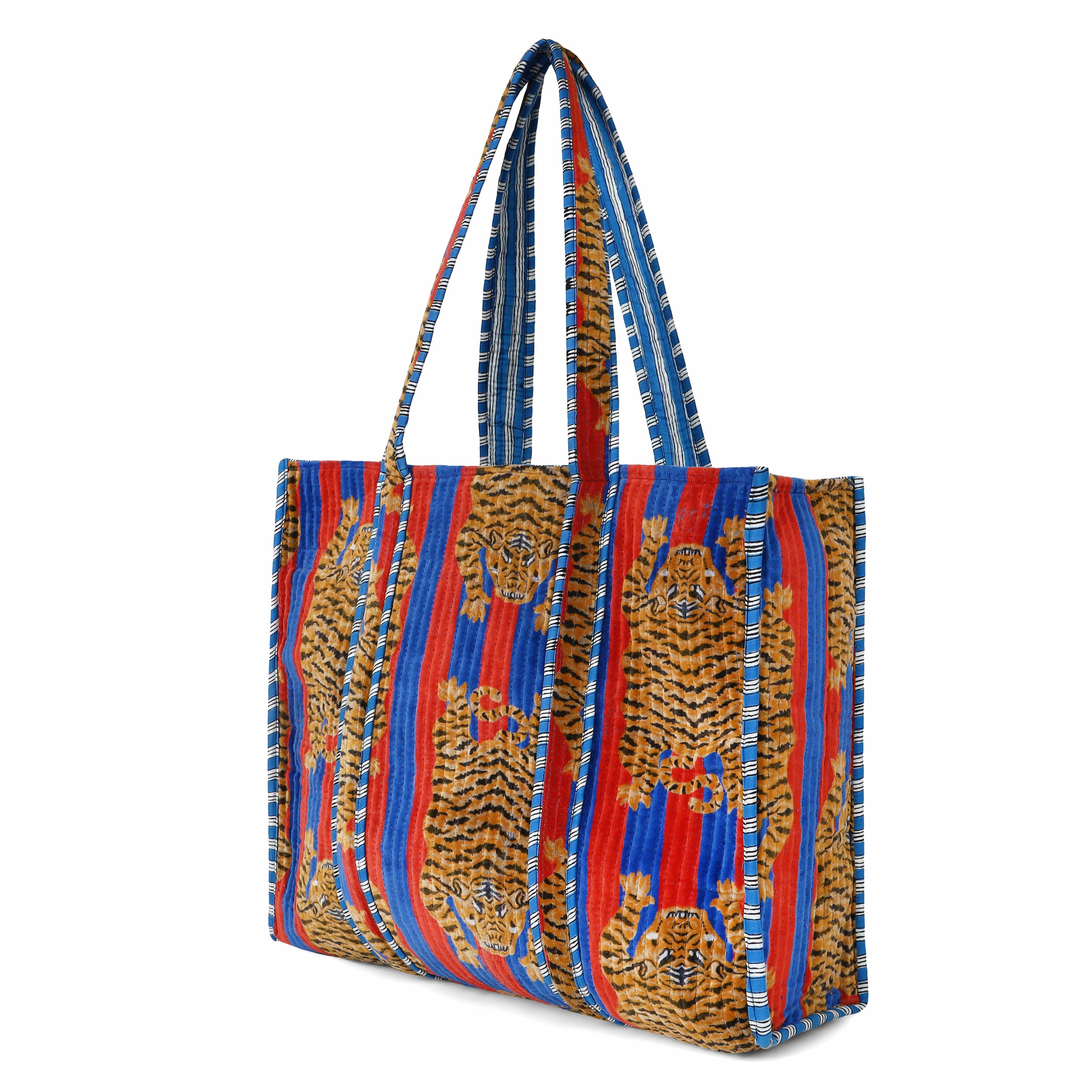 The Tibetan Tiger Tote in Velvet — handmade quilted velvet tote bag, ethically made in Rajasthan, India