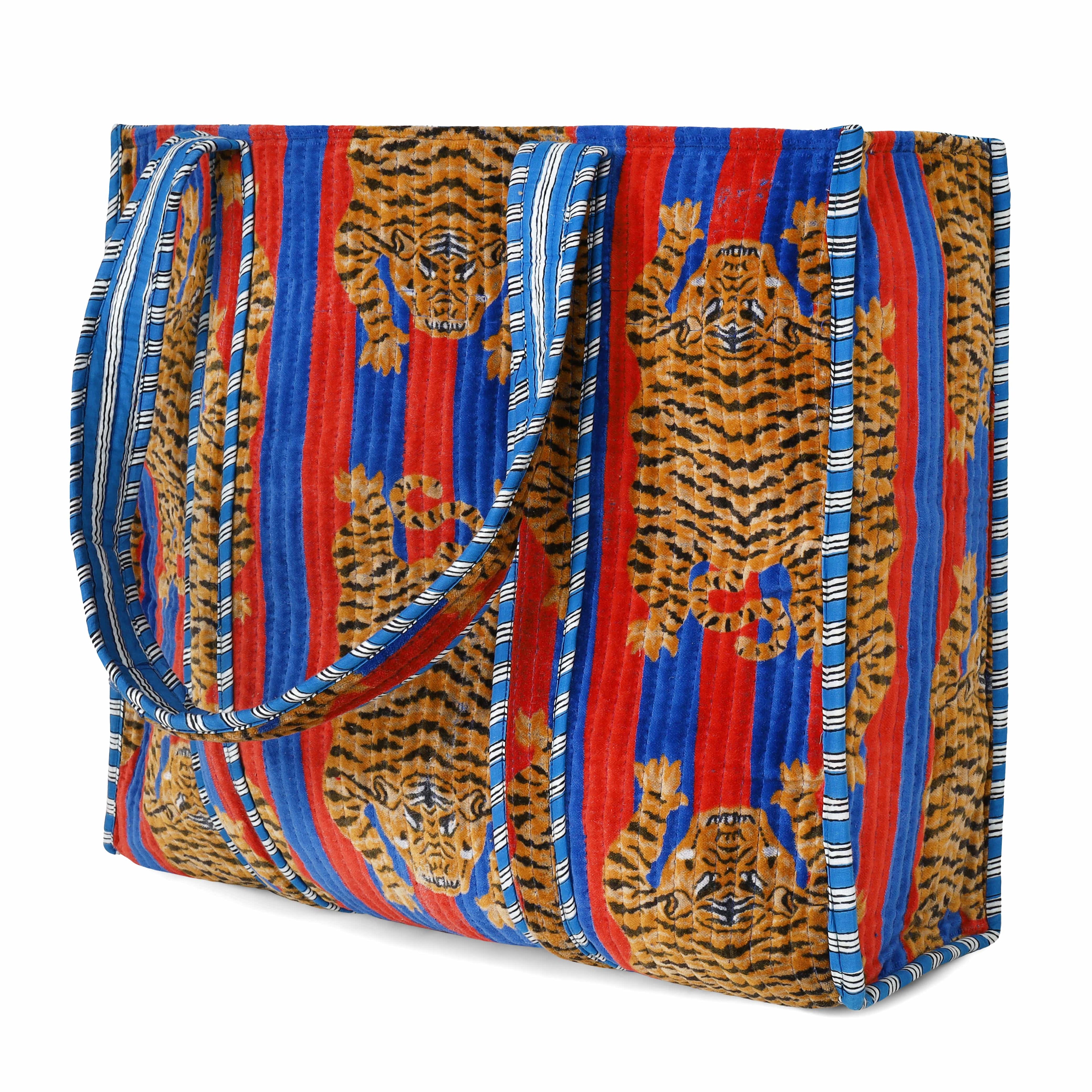 The Tibetan Tiger Tote in Velvet — handmade quilted velvet tote bag, ethically made in Rajasthan, India