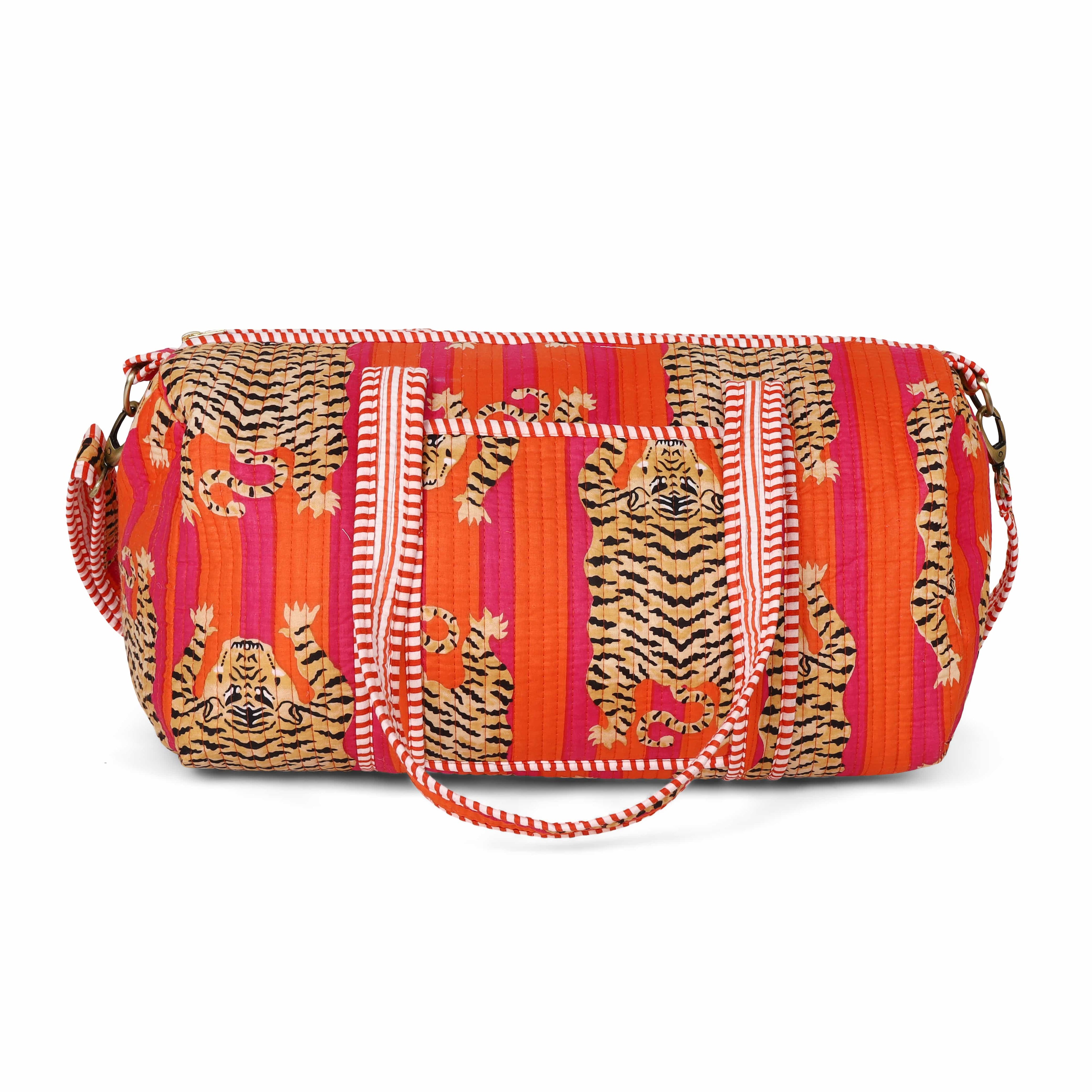 The Tibetan Tiger Weekender — handmade hand block printed cotton weekender bag, ethically made in Rajasthan, India