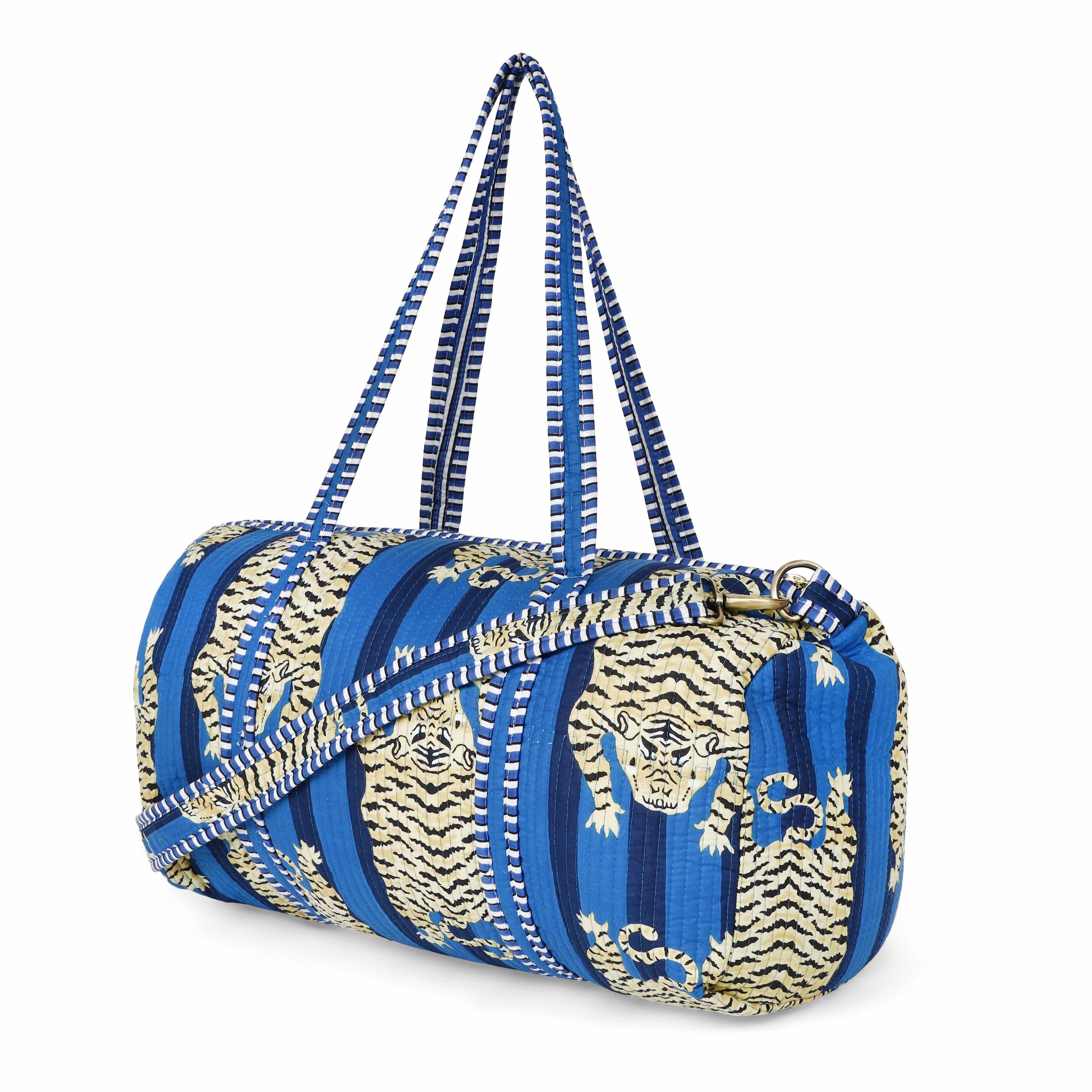 The Tibetan Tiger Weekender — handmade hand block printed cotton weekender bag, ethically made in Rajasthan, India