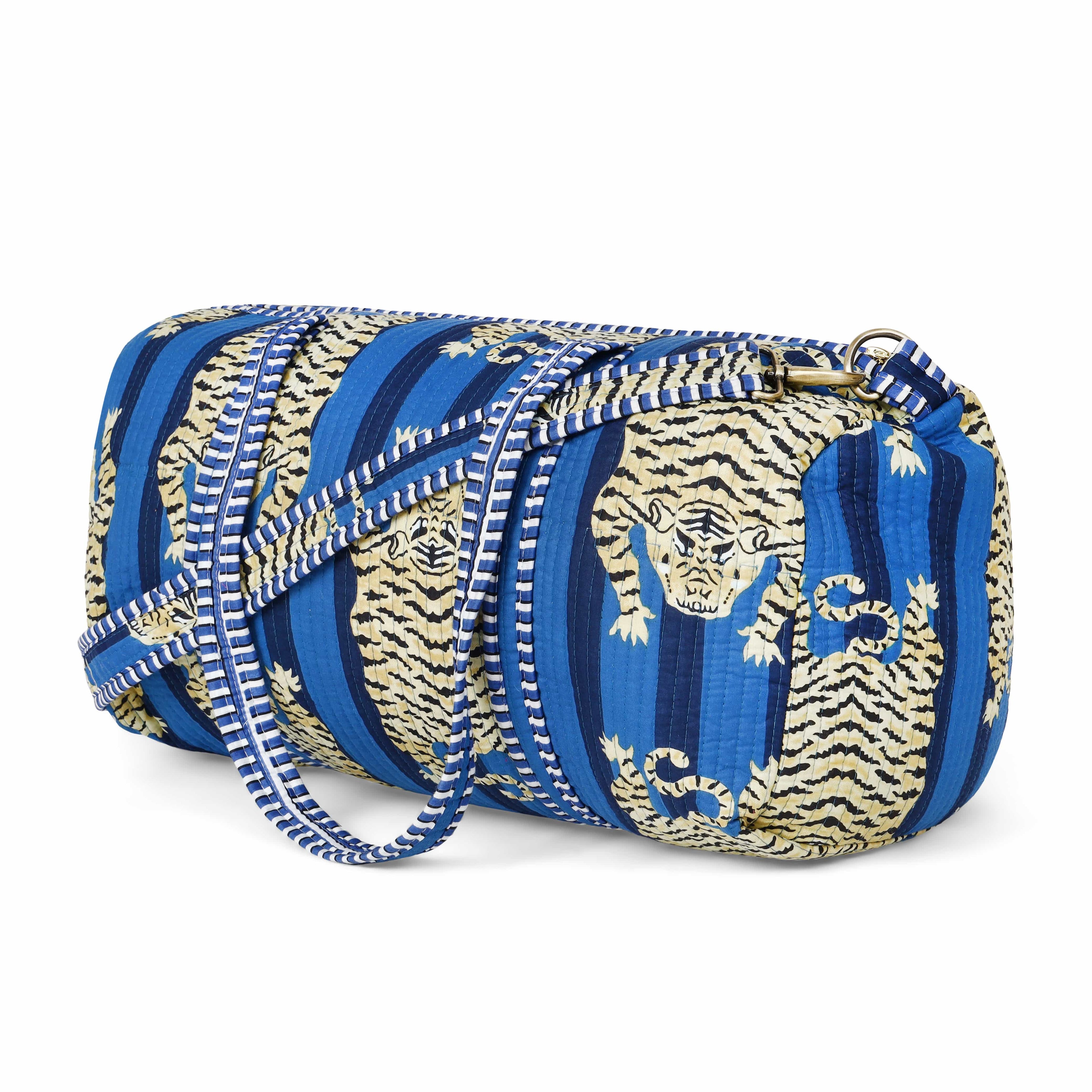 The Tibetan Tiger Weekender — handmade hand block printed cotton weekender bag, ethically made in Rajasthan, India