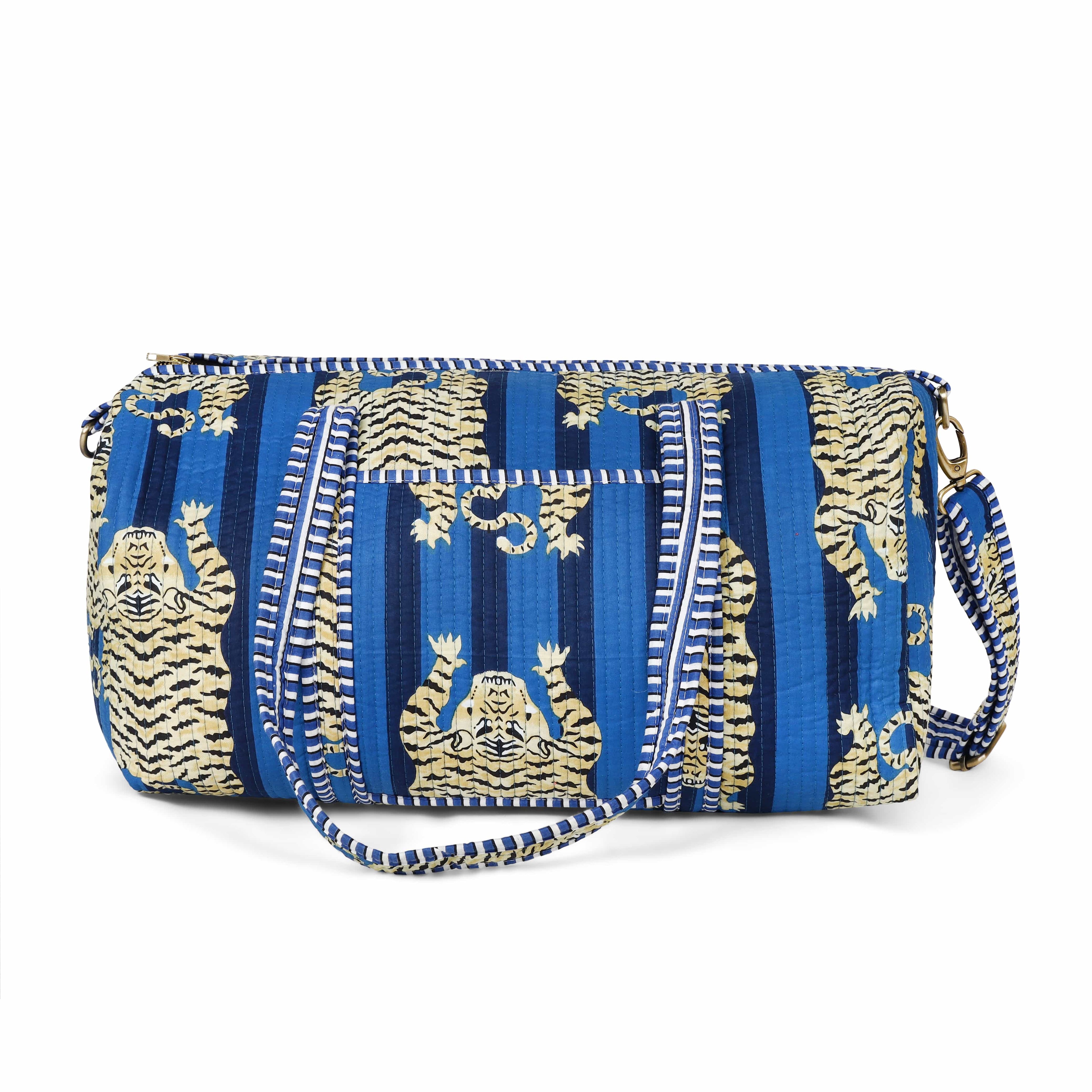The Tibetan Tiger Weekender — handmade hand block printed cotton weekender bag, ethically made in Rajasthan, India