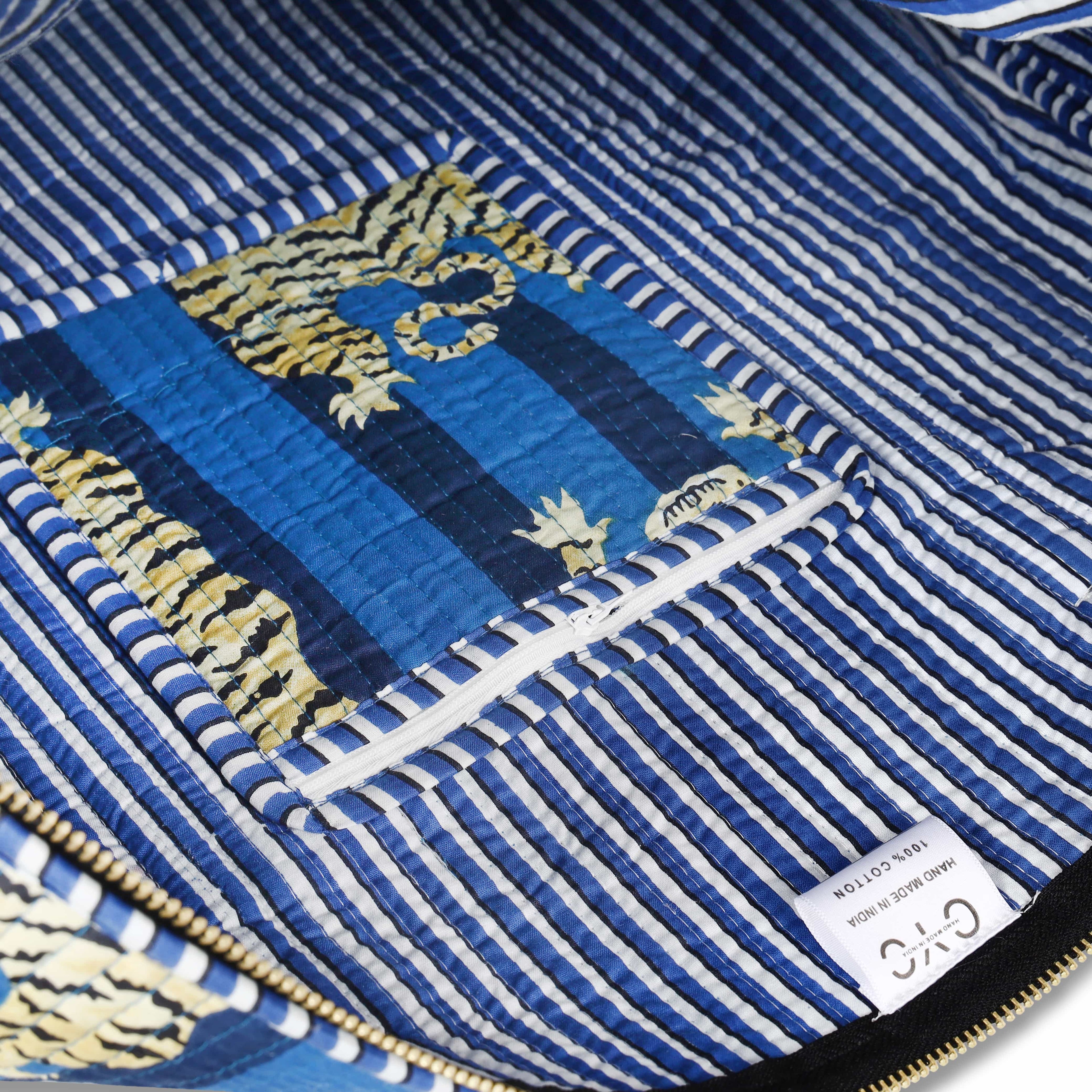 The Tibetan Tiger Weekender — handmade hand block printed cotton weekender bag, ethically made in Rajasthan, India