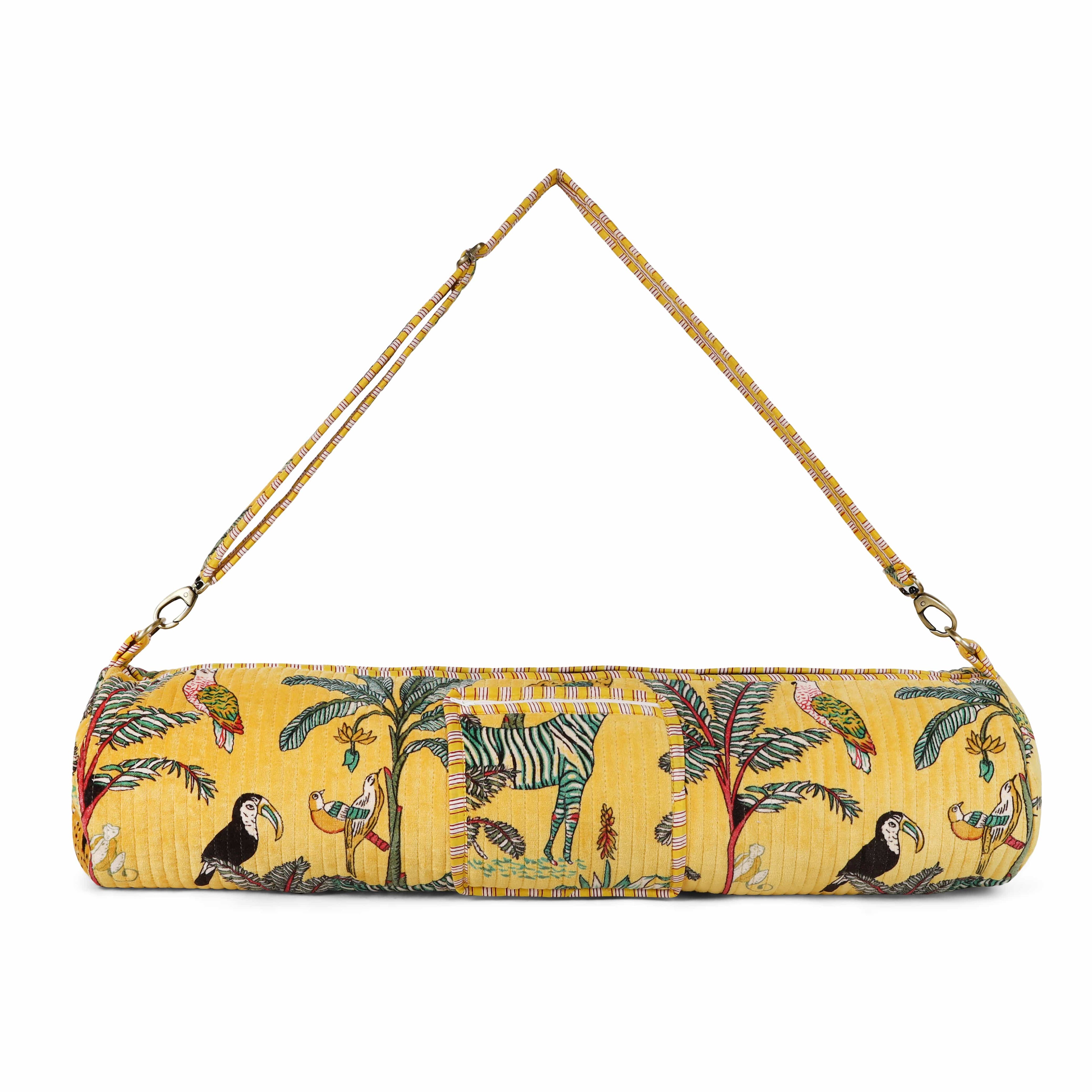 The Jungle Velvet Yoga Bag — handmade quilted velvet yoga mat bag, ethically made in Rajasthan, India