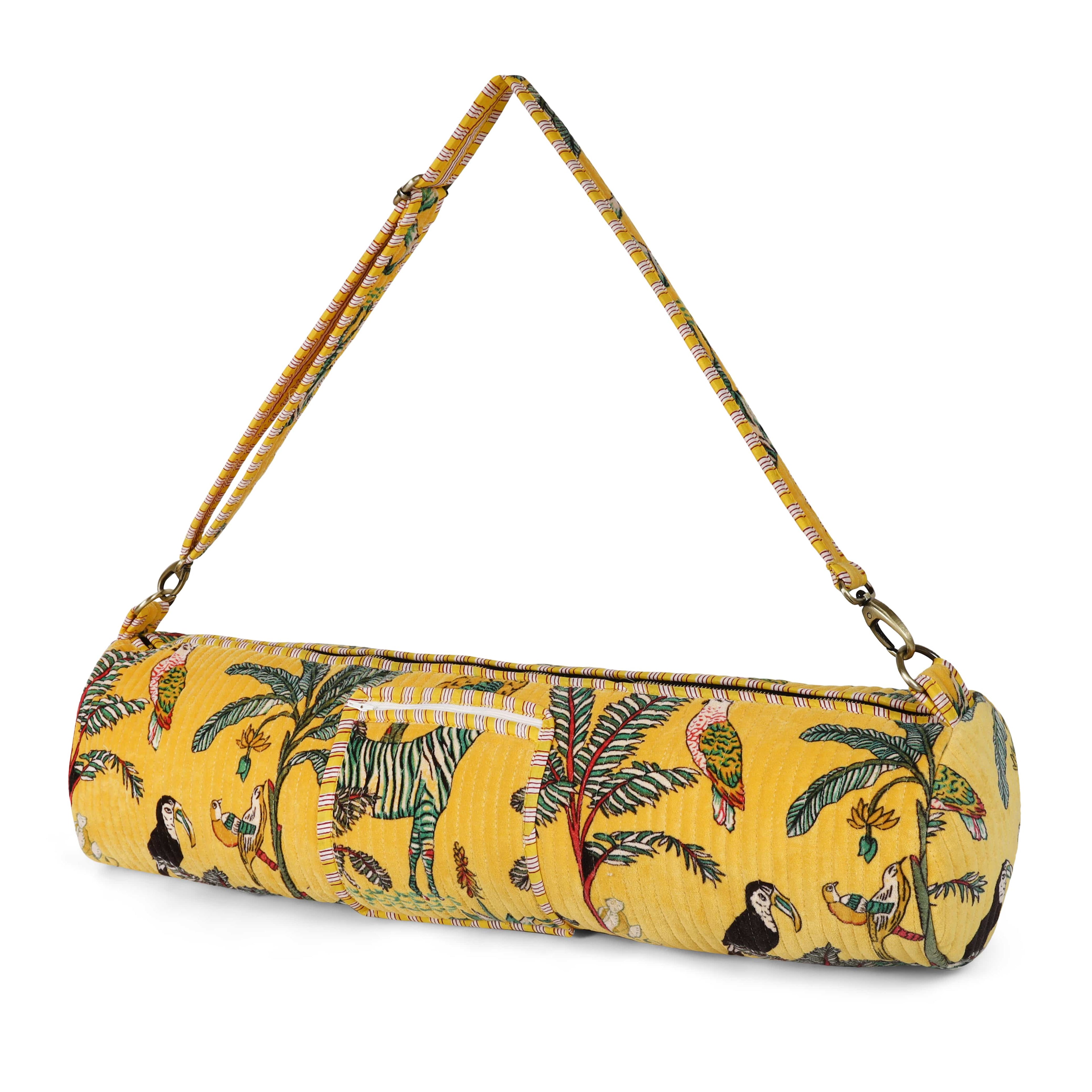 The Jungle Velvet Yoga Bag — handmade quilted velvet yoga mat bag, ethically made in Rajasthan, India