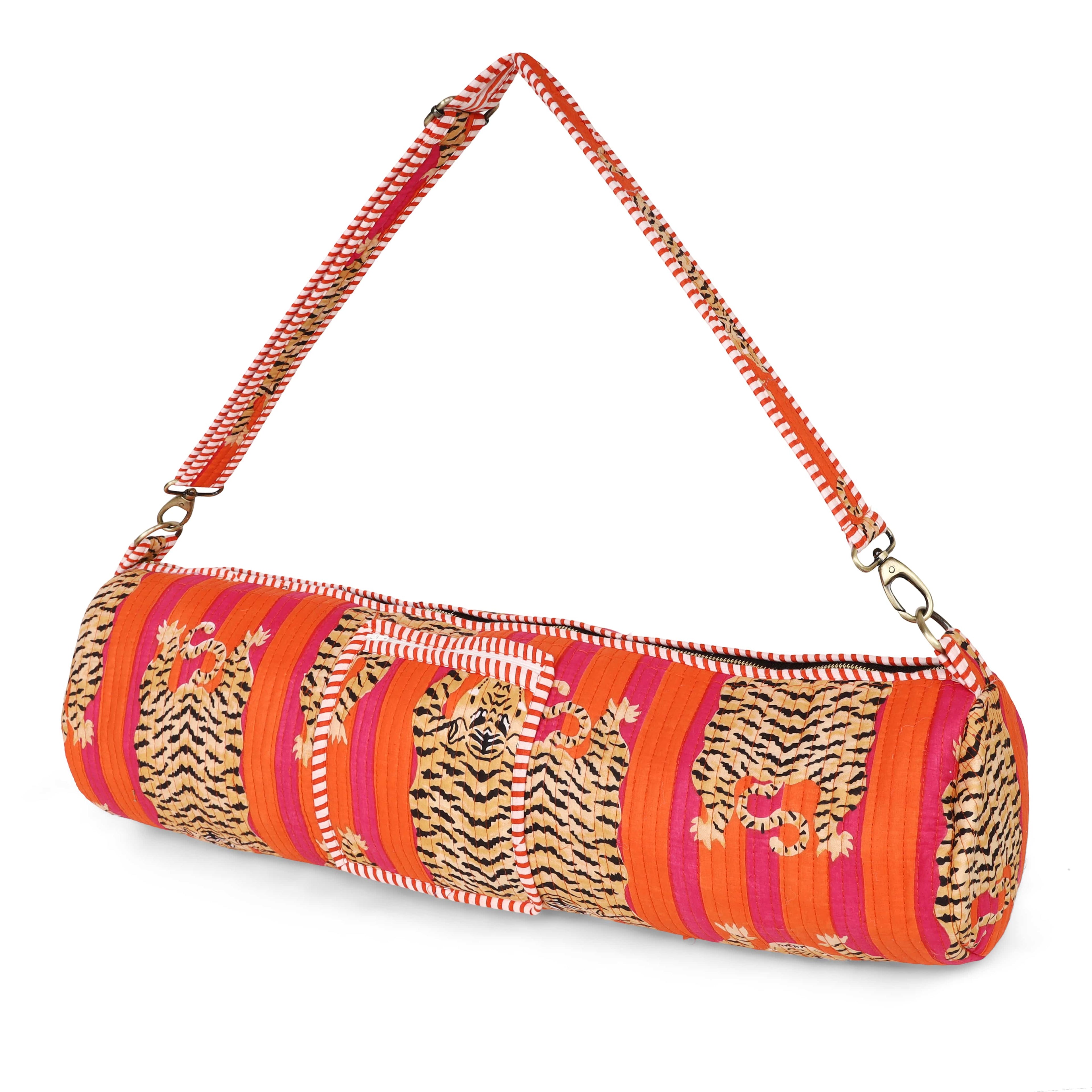 Front view of The Tibetan Tiger Yoga Bag in cream cotton with the hand-block-printed Tibetan tiger motif