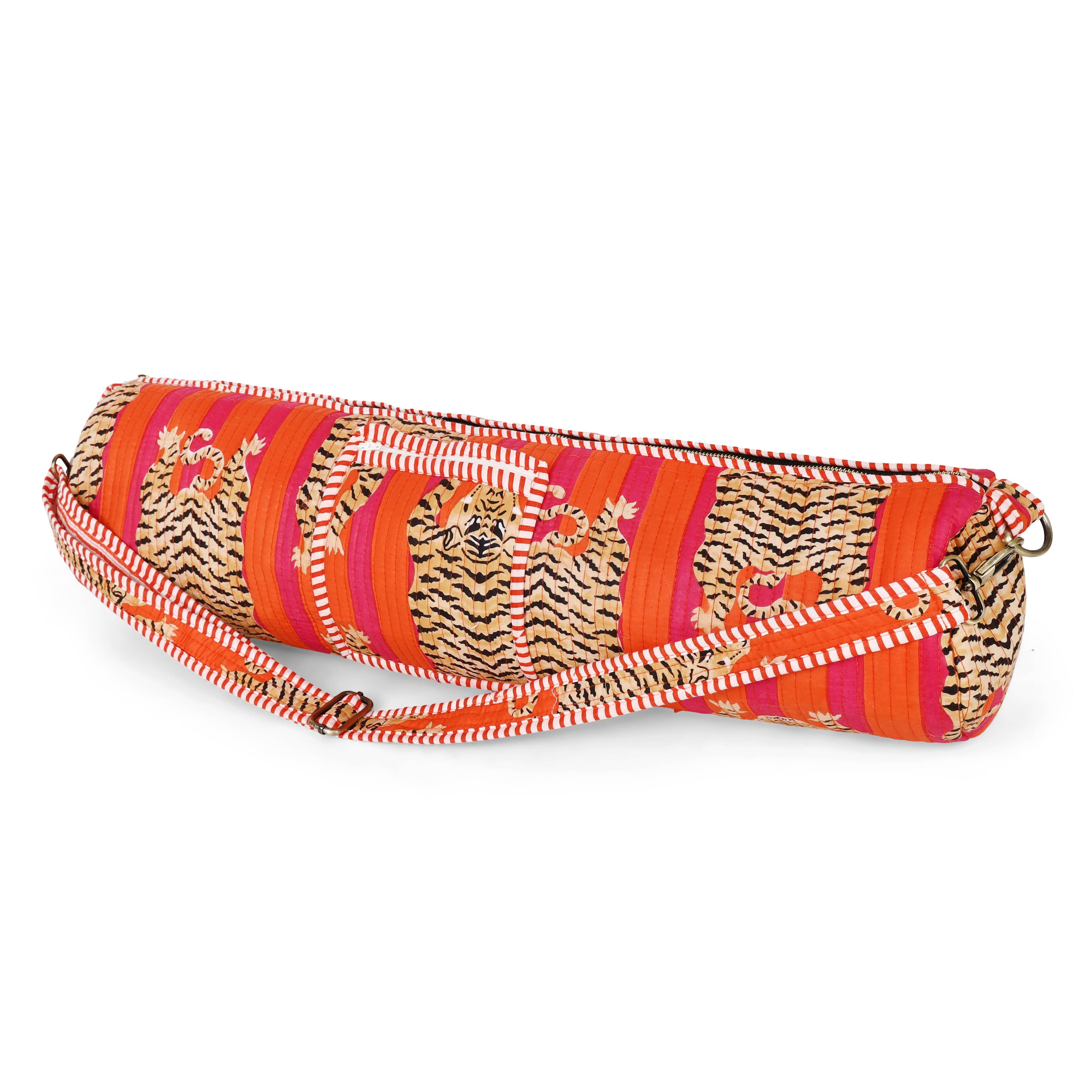 The Tibetan Tiger Yoga Bag — handmade hand block printed cotton yoga mat bag, ethically made in Rajasthan, India