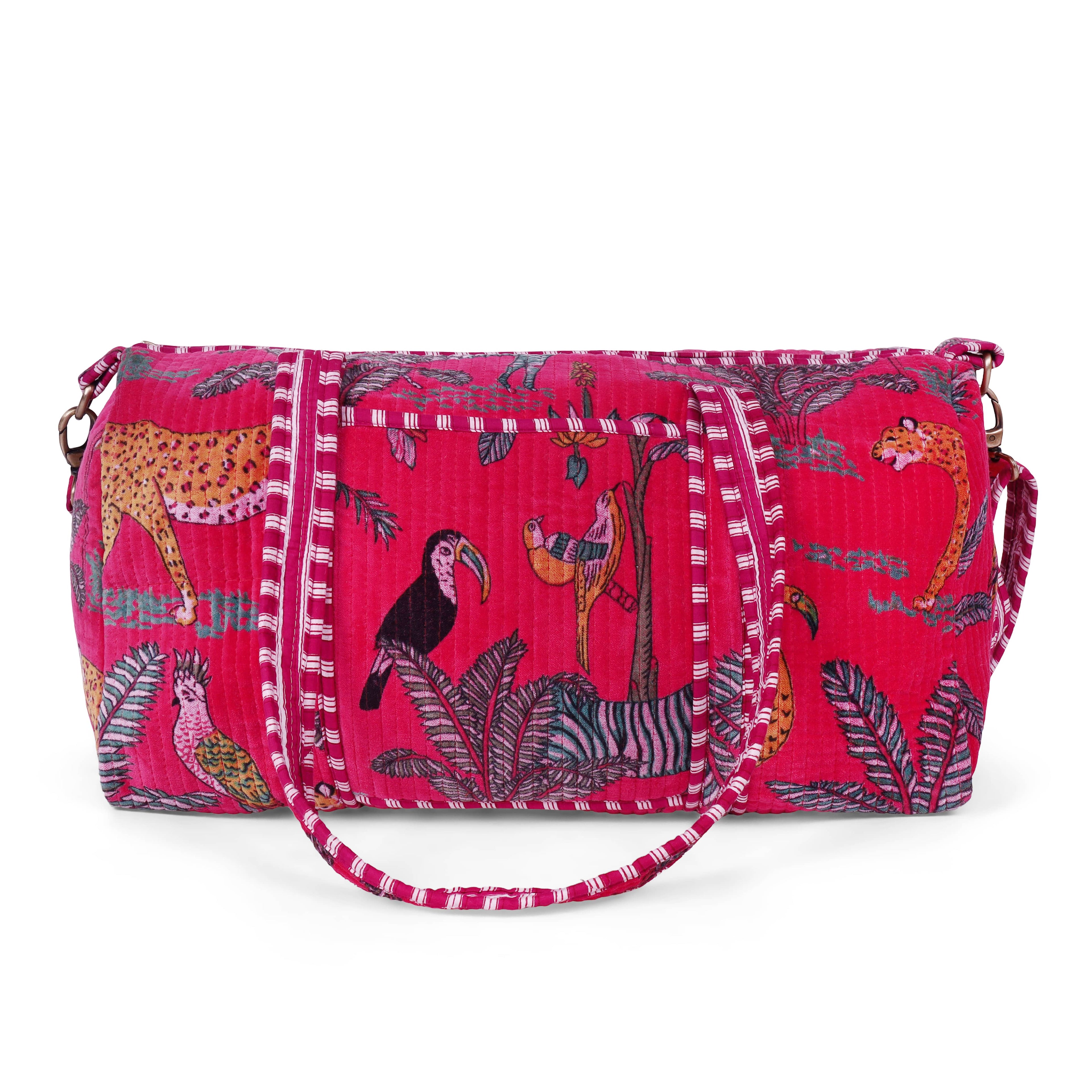 Detail of the hand-block-printed jungle motif on plush cotton velvet