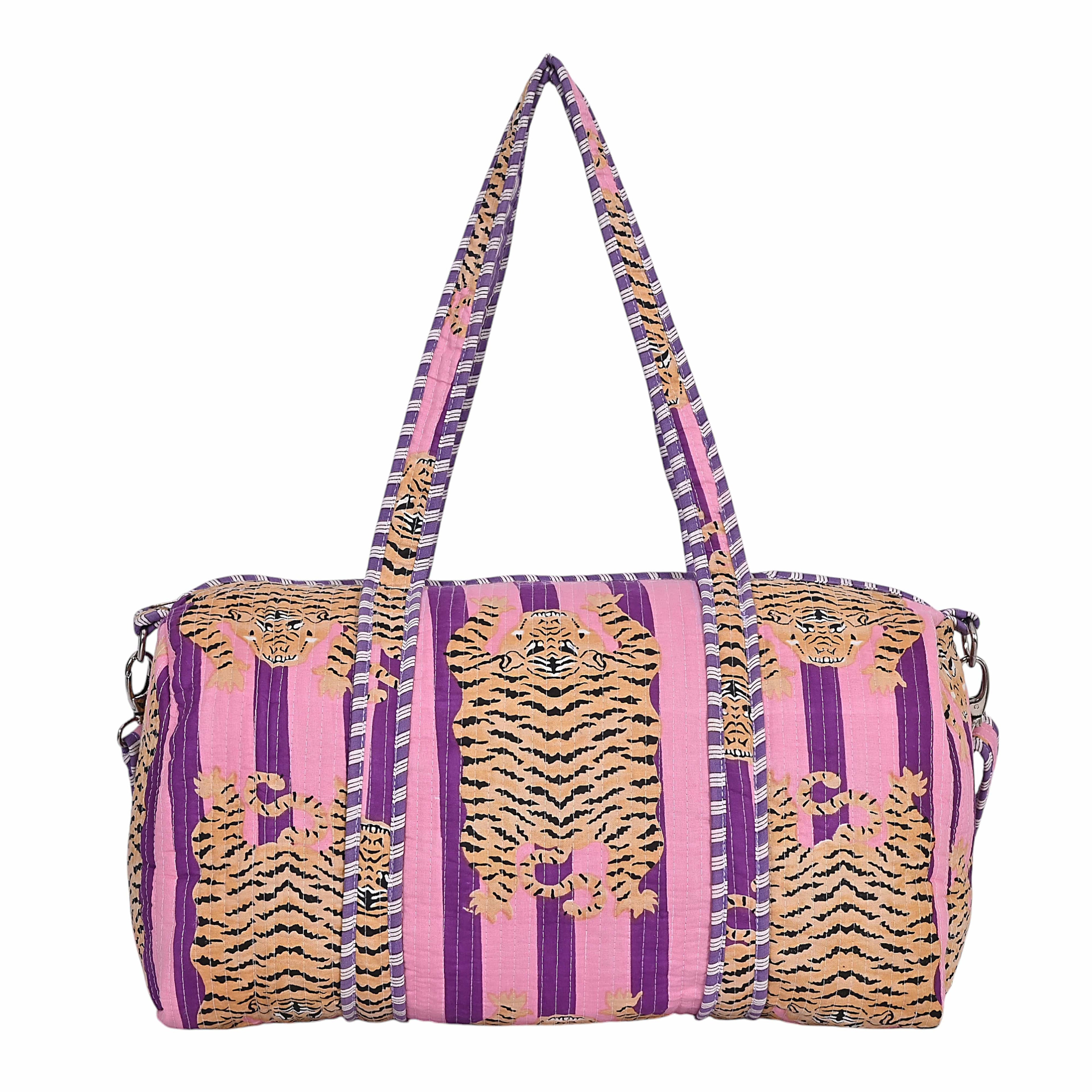 The Tibetan Tiger Weekender — handmade hand block printed cotton weekender bag, ethically made in Rajasthan, India