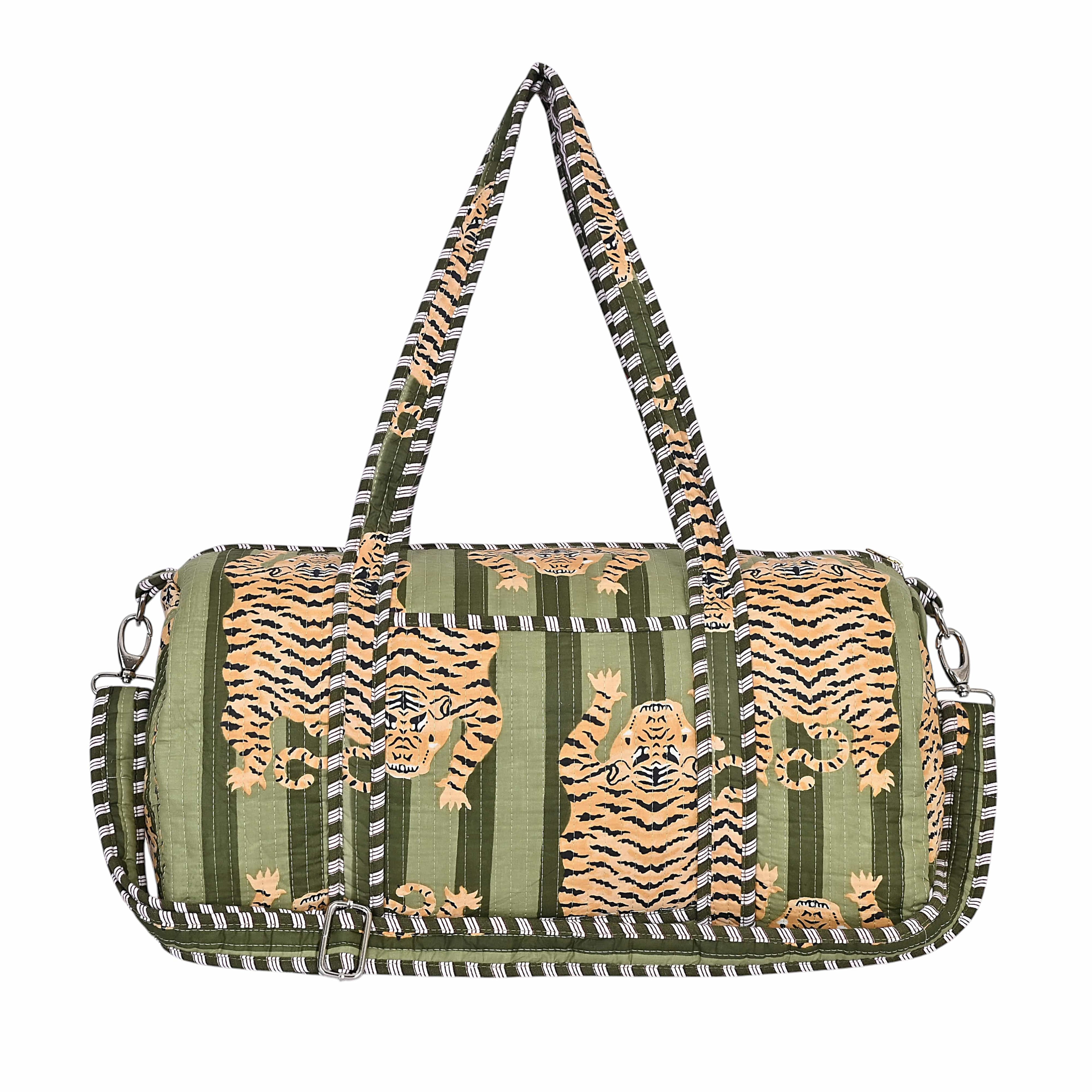 The Tibetan Tiger Weekender — handmade hand block printed cotton weekender bag, ethically made in Rajasthan, India
