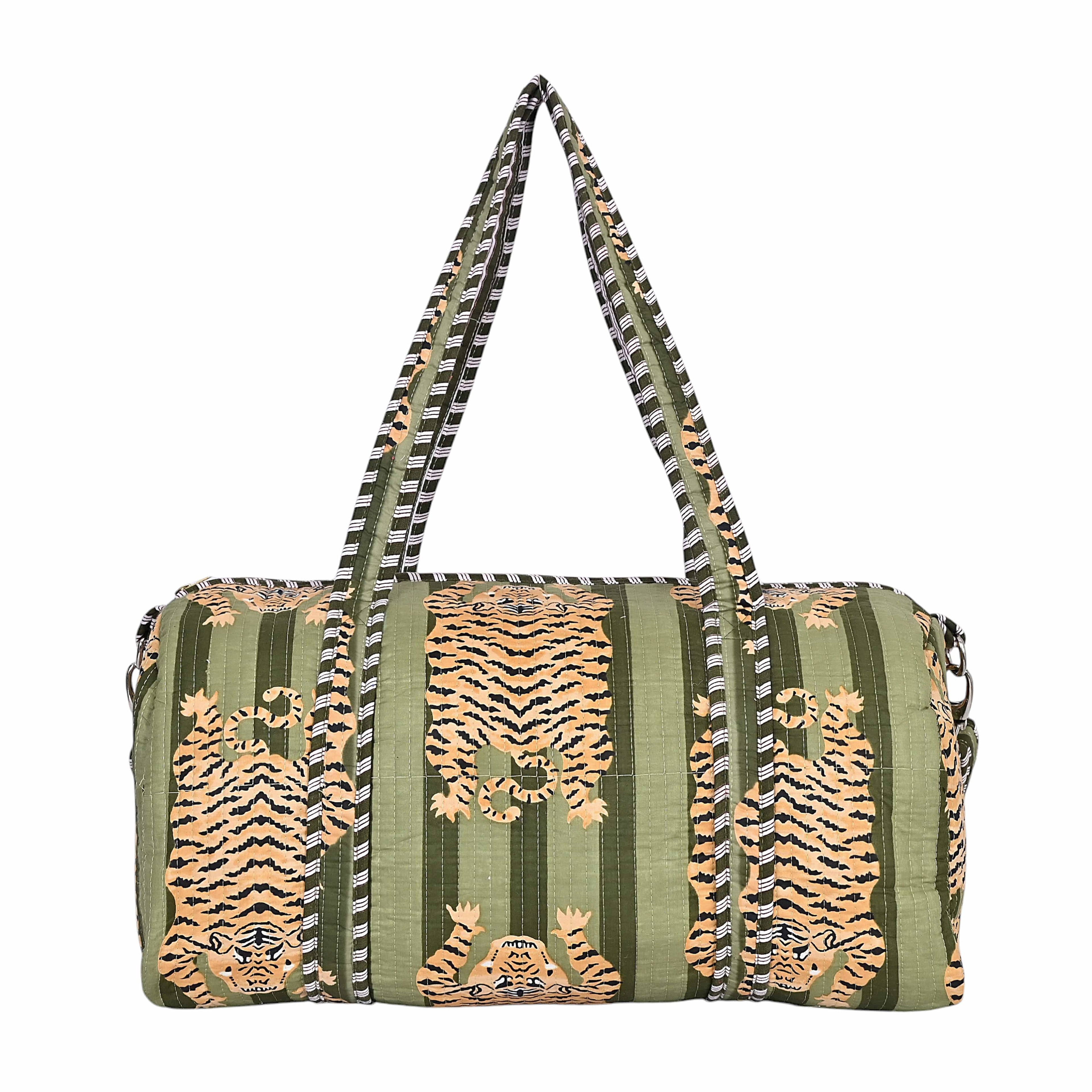 The Tibetan Tiger Weekender — handmade hand block printed cotton weekender bag, ethically made in Rajasthan, India