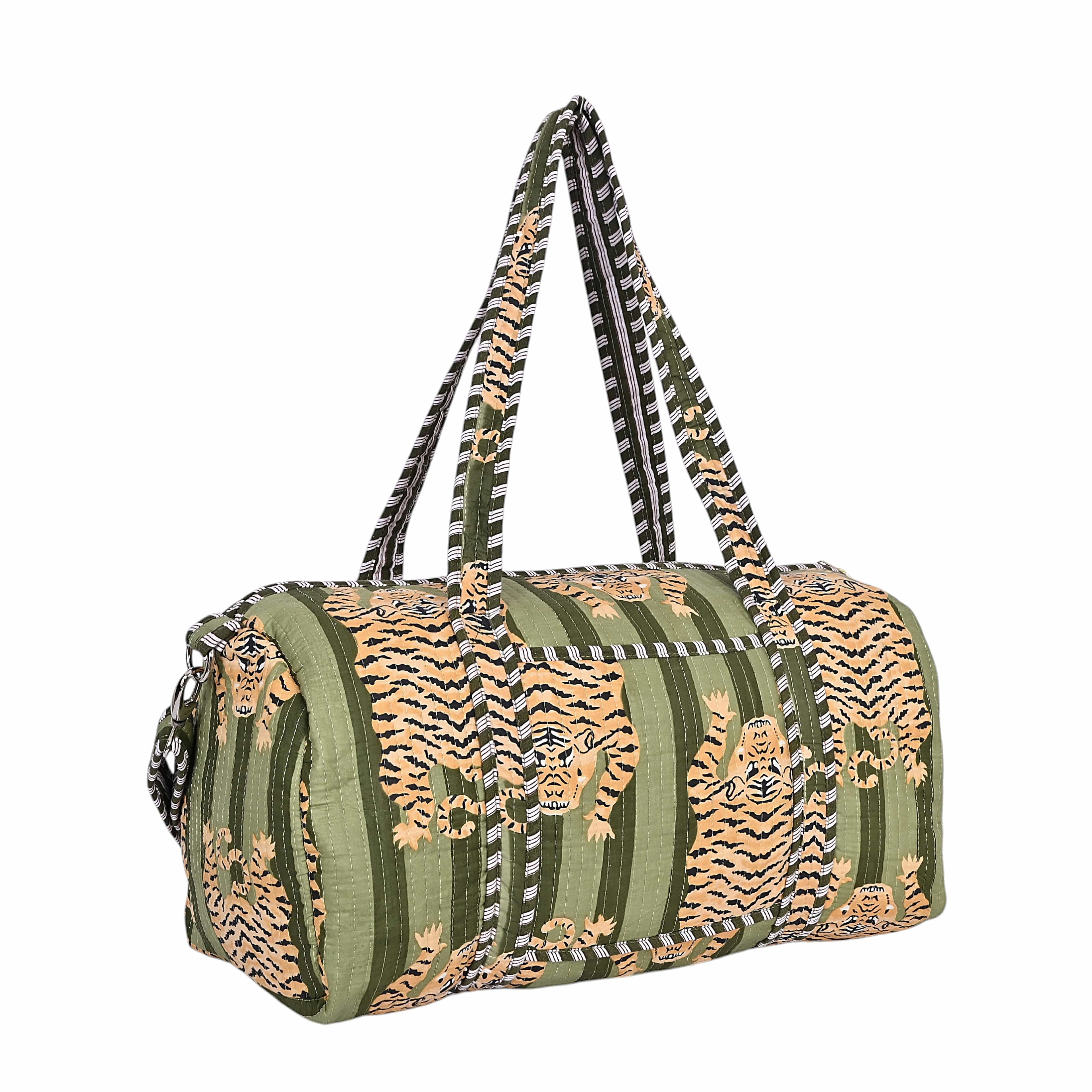 The Tibetan Tiger Weekender — handmade hand block printed cotton weekender bag, ethically made in Rajasthan, India