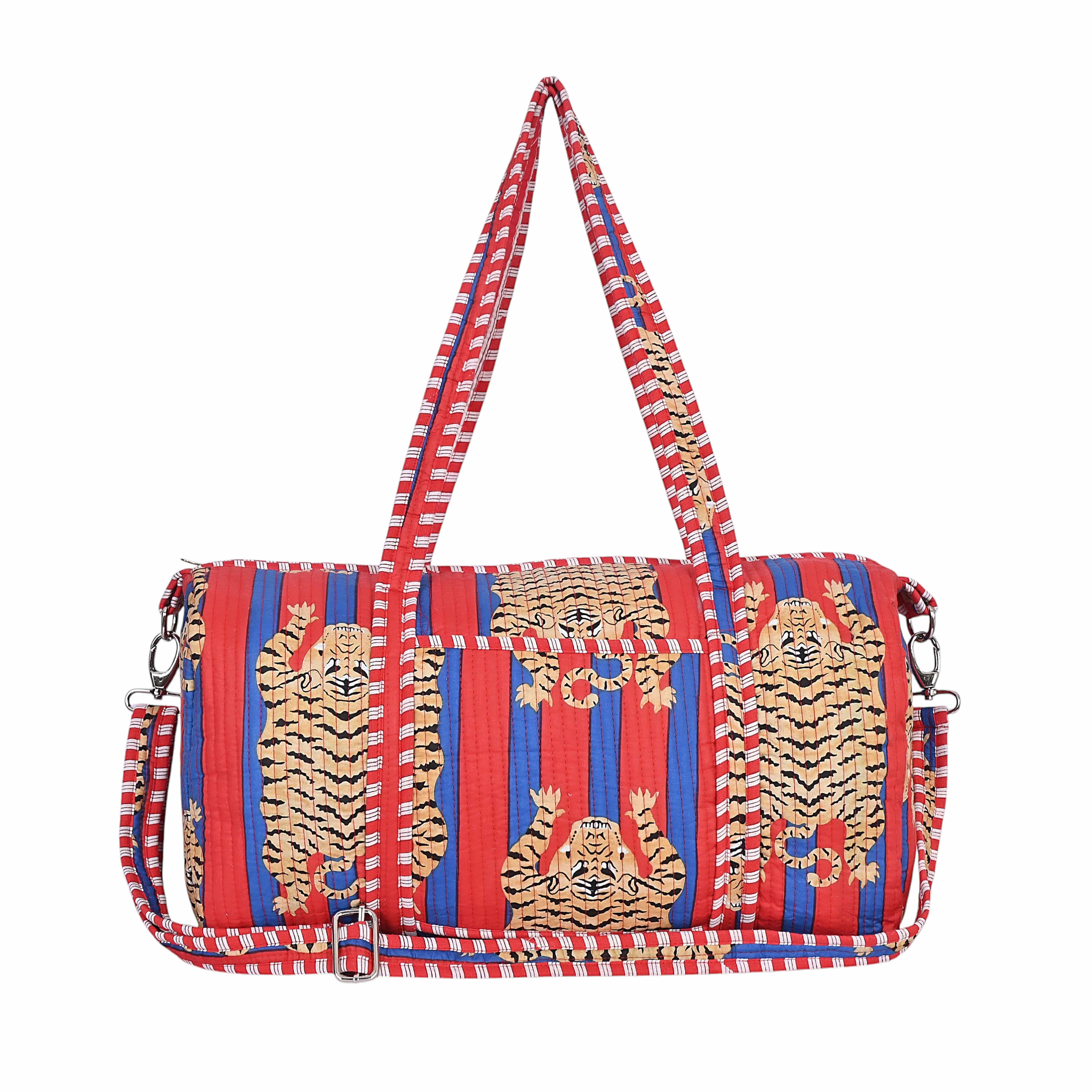 The Tibetan Tiger Weekender — handmade hand block printed cotton weekender bag, ethically made in Rajasthan, India