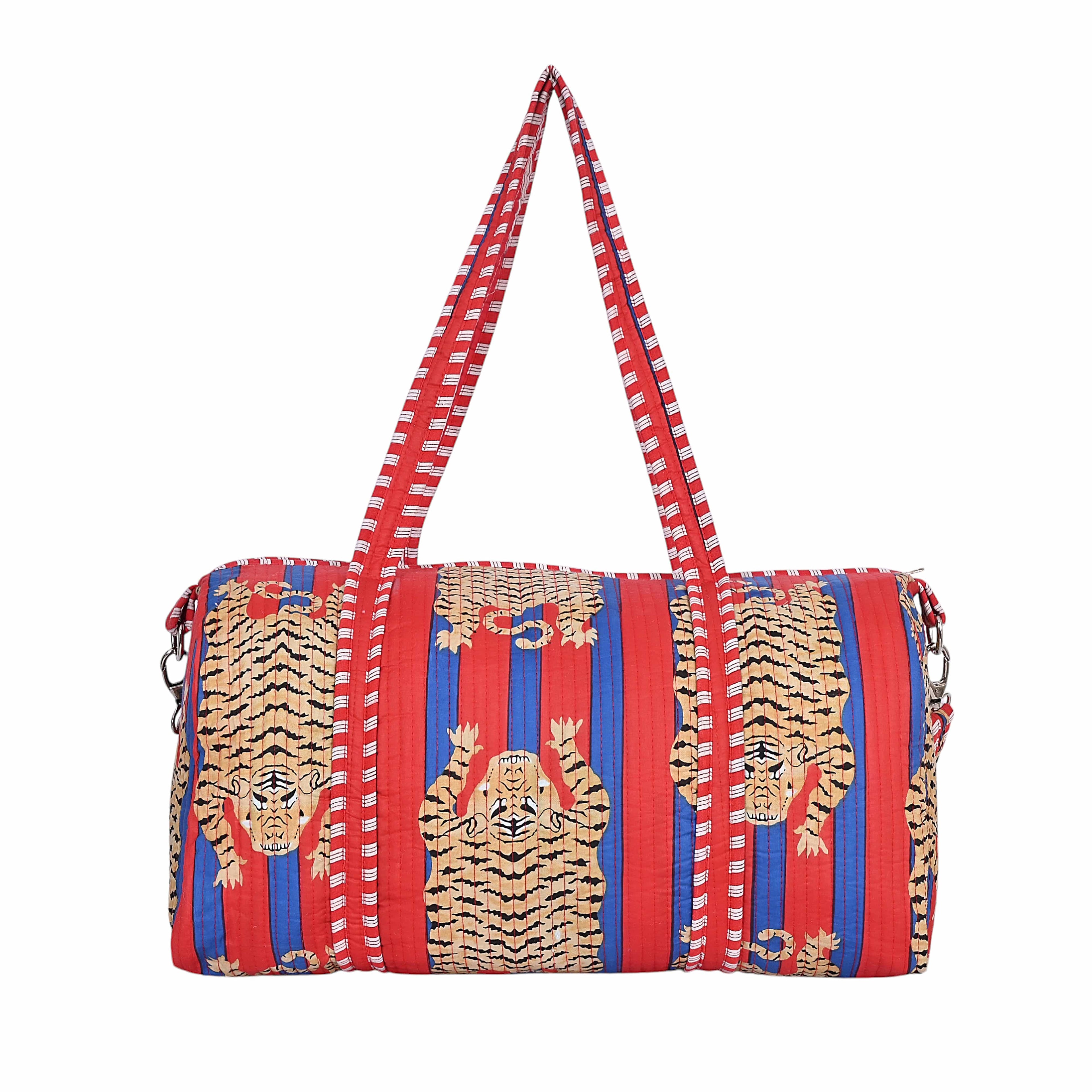 The Tibetan Tiger Weekender — handmade hand block printed cotton weekender bag, ethically made in Rajasthan, India