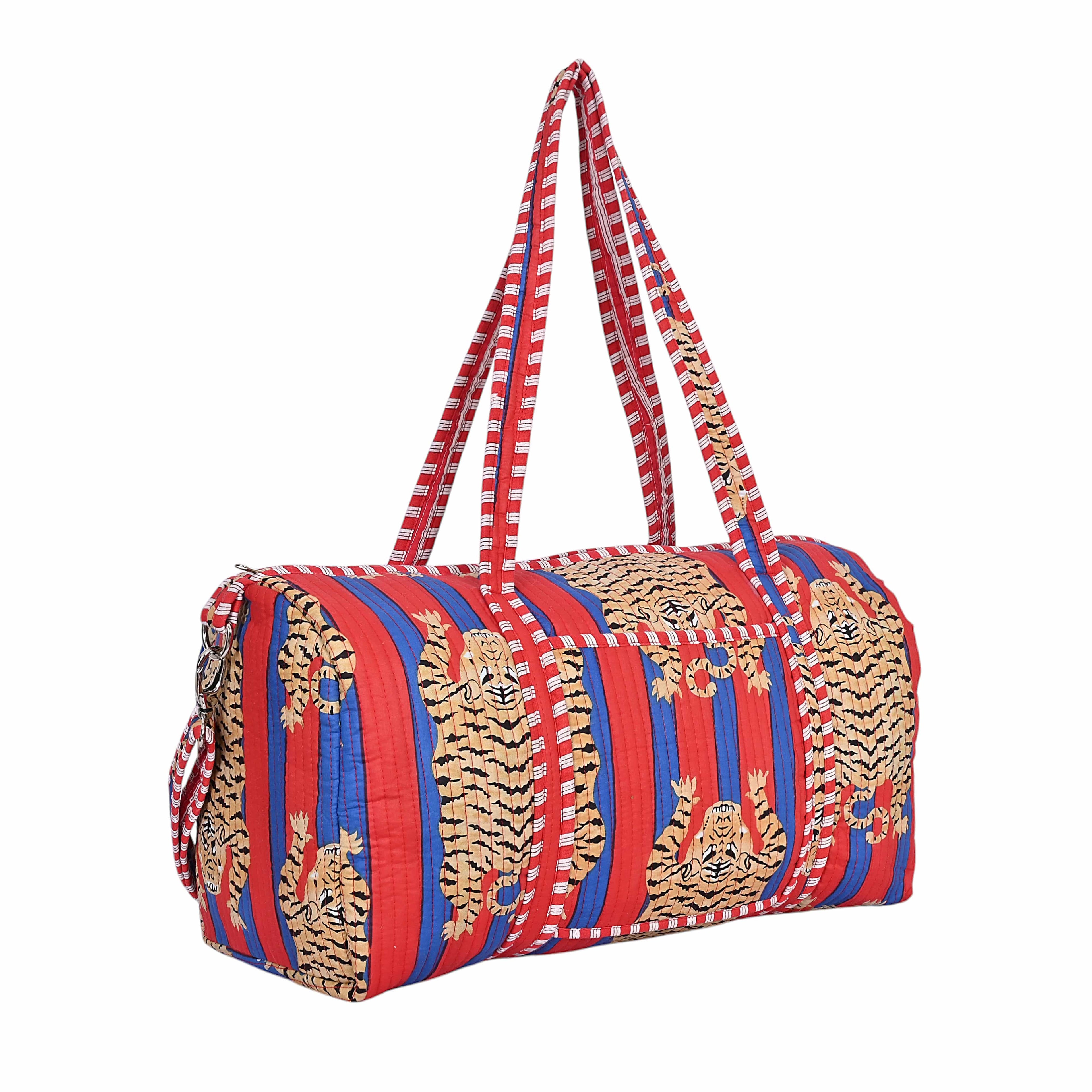 The Tibetan Tiger Weekender — handmade hand block printed cotton weekender bag, ethically made in Rajasthan, India
