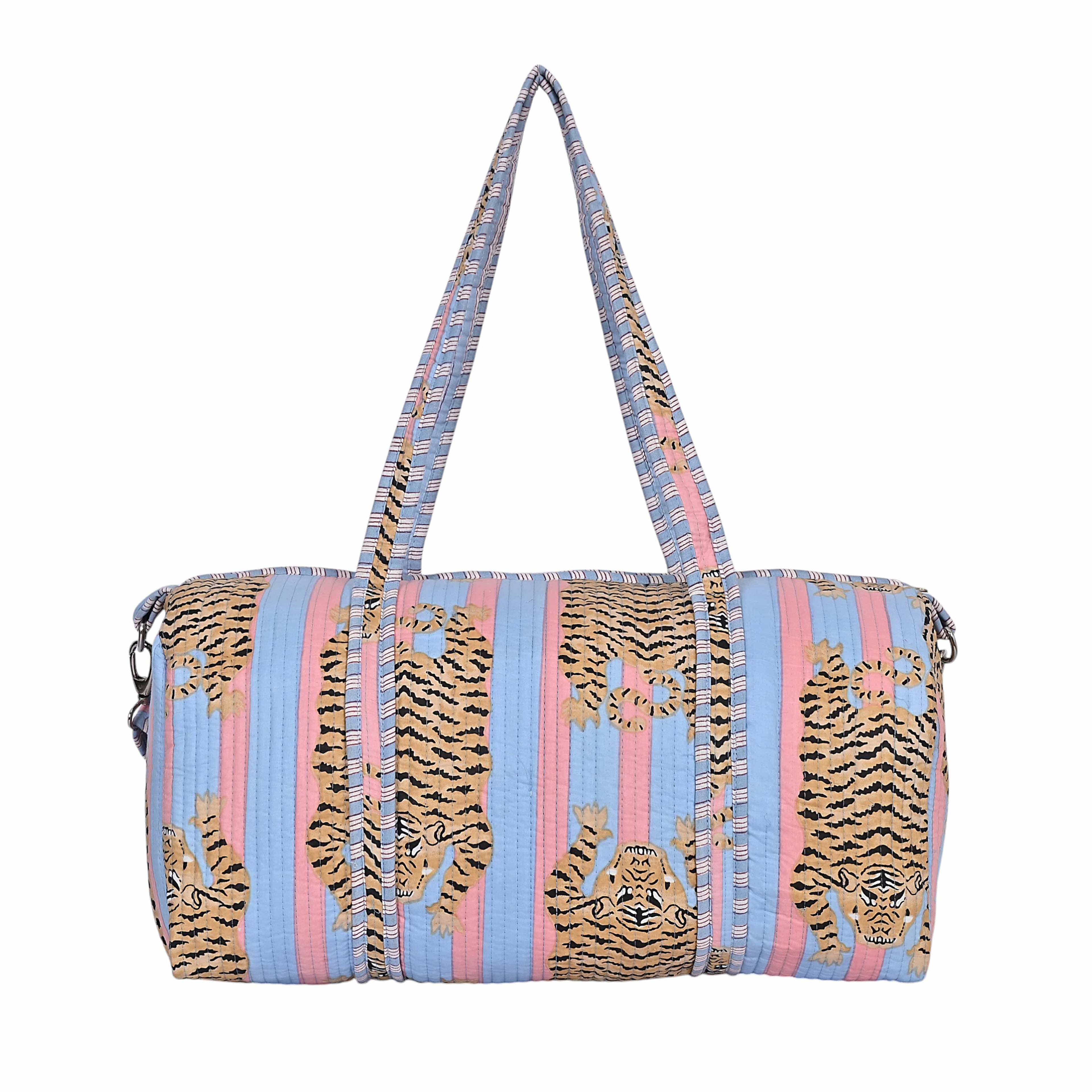 The Tibetan Tiger Weekender — handmade hand block printed cotton weekender bag, ethically made in Rajasthan, India