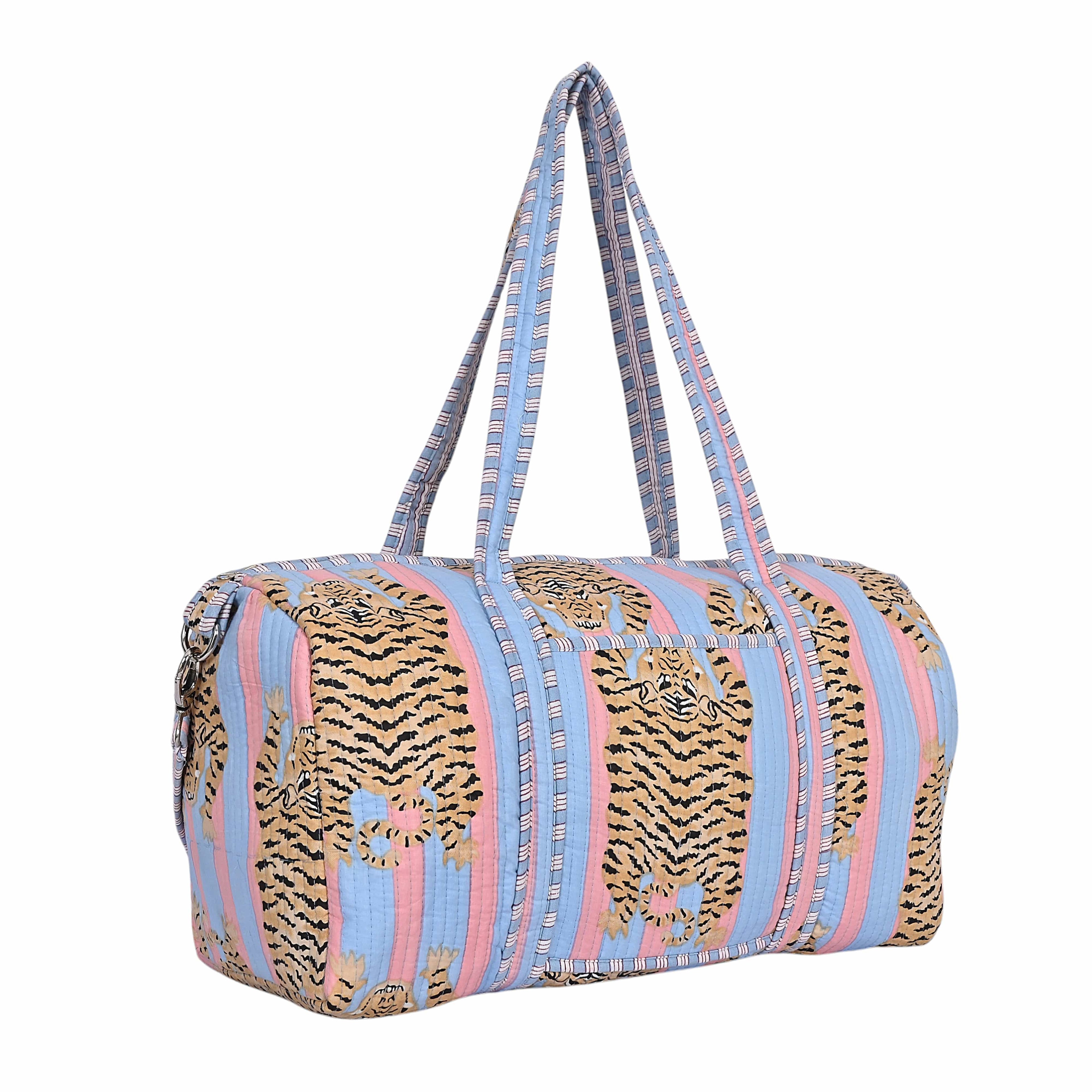 The Tibetan Tiger Weekender — handmade hand block printed cotton weekender bag, ethically made in Rajasthan, India